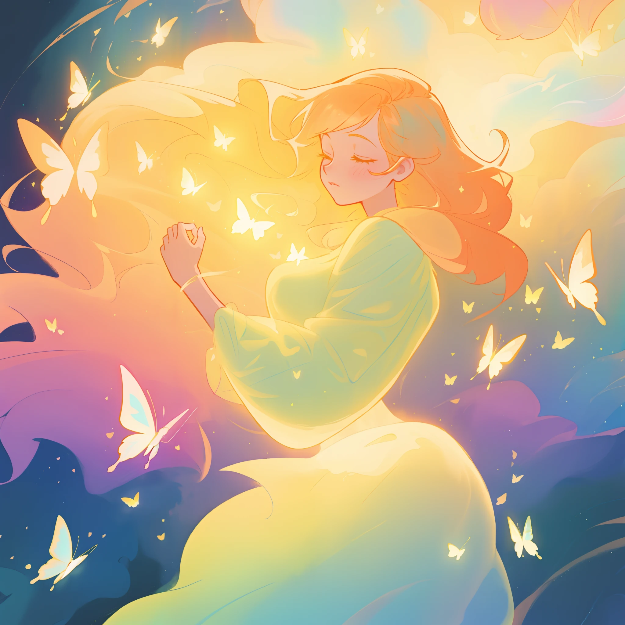 beautiful girl in flowing puffy gradient gold to aqua ballgown, ((glowing gold butterflies)), flowing sheer sleeves, (gradient yellow to aqua ballgown skirt), long sparkling red hair, delicate gold crown, fantasia background, watercolor illustration, inspired by Glen Keane, inspired by Lois van Baarle, disney art style, by Lois van Baarle, glowing aura around her, by Glen Keane, jen bartel, glowing lights! digital painting, flowing glowing hair, glowing flowing hair, beautiful digital illustration, fantasia otherworldly landscape plants flowers, beautiful, masterpiece, best quality, anime disney style