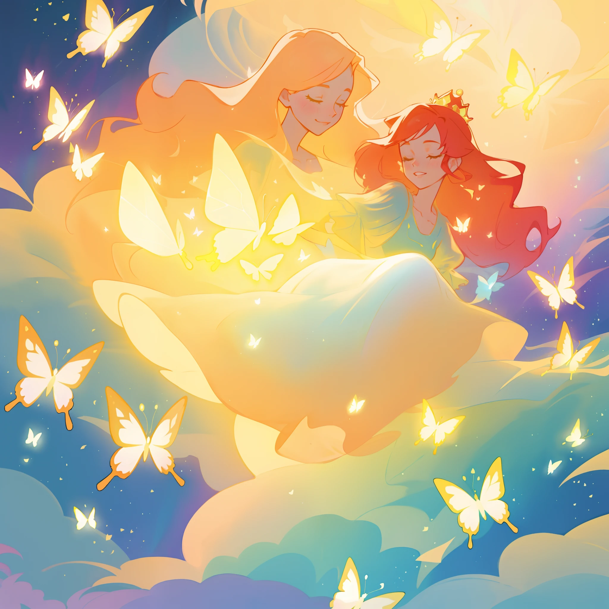beautiful girl in flowing puffy gradient gold to aqua ballgown, ((glowing butterflies)), flowing sheer sleeves, (gradient yellow to aqua ballgown skirt), long sparkling red hair, delicate gold crown, fantasia background, watercolor illustration, inspired by Glen Keane, inspired by Lois van Baarle, disney art style, by Lois van Baarle, glowing aura around her, by Glen Keane, jen bartel, glowing lights! digital painting, flowing glowing hair, glowing flowing hair, beautiful digital illustration, fantasia otherworldly landscape plants flowers, beautiful, masterpiece, best quality, anime disney style