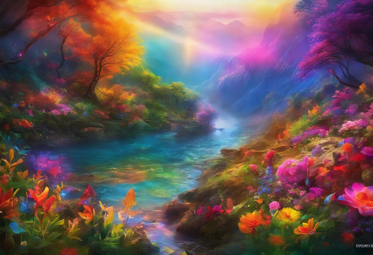 rivulets，rainbowing，jungles，Flowers，mountain spring，steamy，smog，Immortal，vibrant with colors，Water surface reflection，Real light，super-fine，Hyper-realistic，Ultra photo realsisim，tmasterpiece，8K，on focus，Bokeh，Detailed pubic hair，Hyper-detailing，high qulity，High definition，cinematic perspective