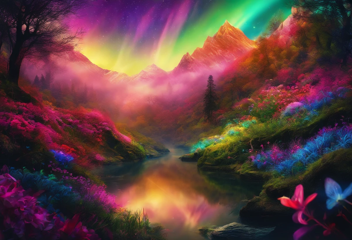 rivulets,rainbowing,jungles,Flowers,mountain spring,steamy,smog,Immortal,vibrant with colors,Water surface reflection,Real light,super-fine,Hyper-realistic,Ultra photo realsisim,tmasterpiece,8K,on focus,Bokeh,Detailed pubic hair,Hyper-detailing,high qulity,High definition,cinematic perspective