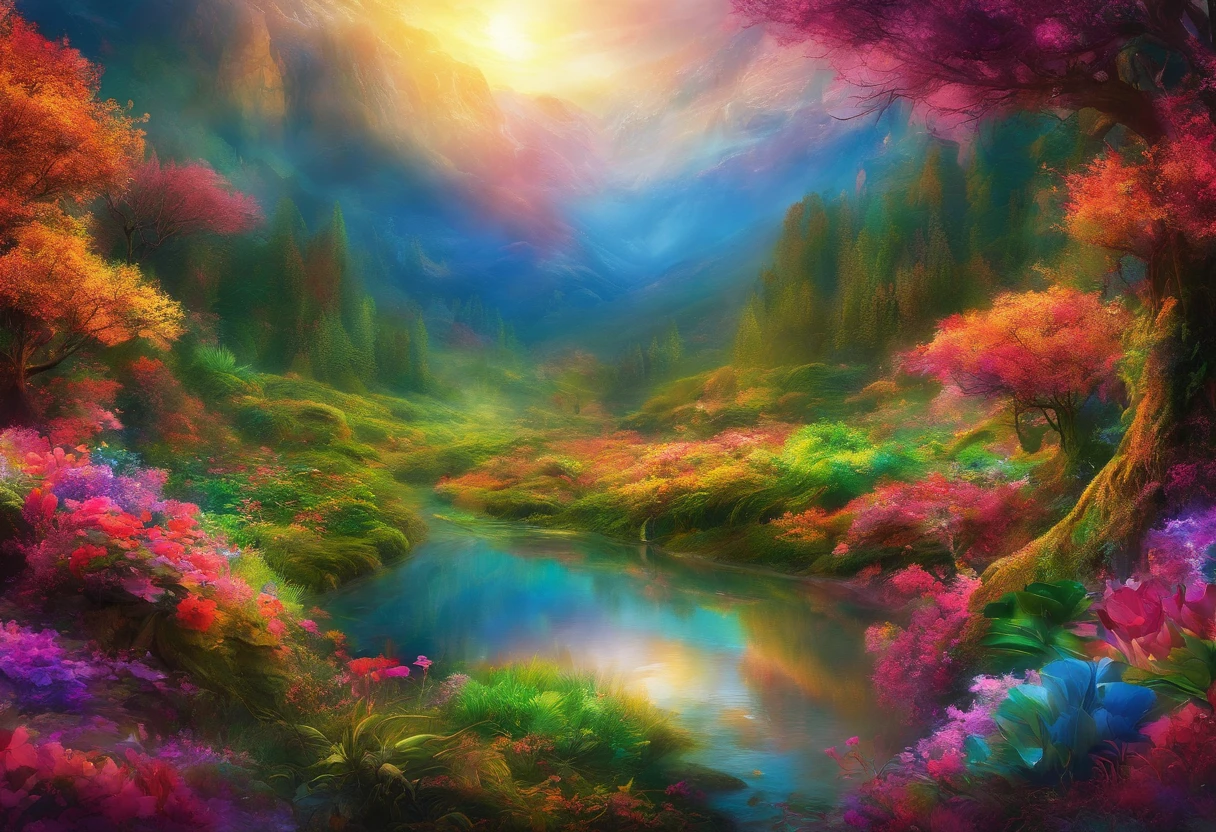 rivulets，rainbowing，jungles，Flowers，mountain spring，steamy，smog，Immortal，vibrant with colors，Water surface reflection，Real light，super-fine，Hyper-realistic，Ultra photo realsisim，tmasterpiece，8K，on focus，Bokeh，Detailed pubic hair，Hyper-detailing，high qulity，High definition，cinematic perspective