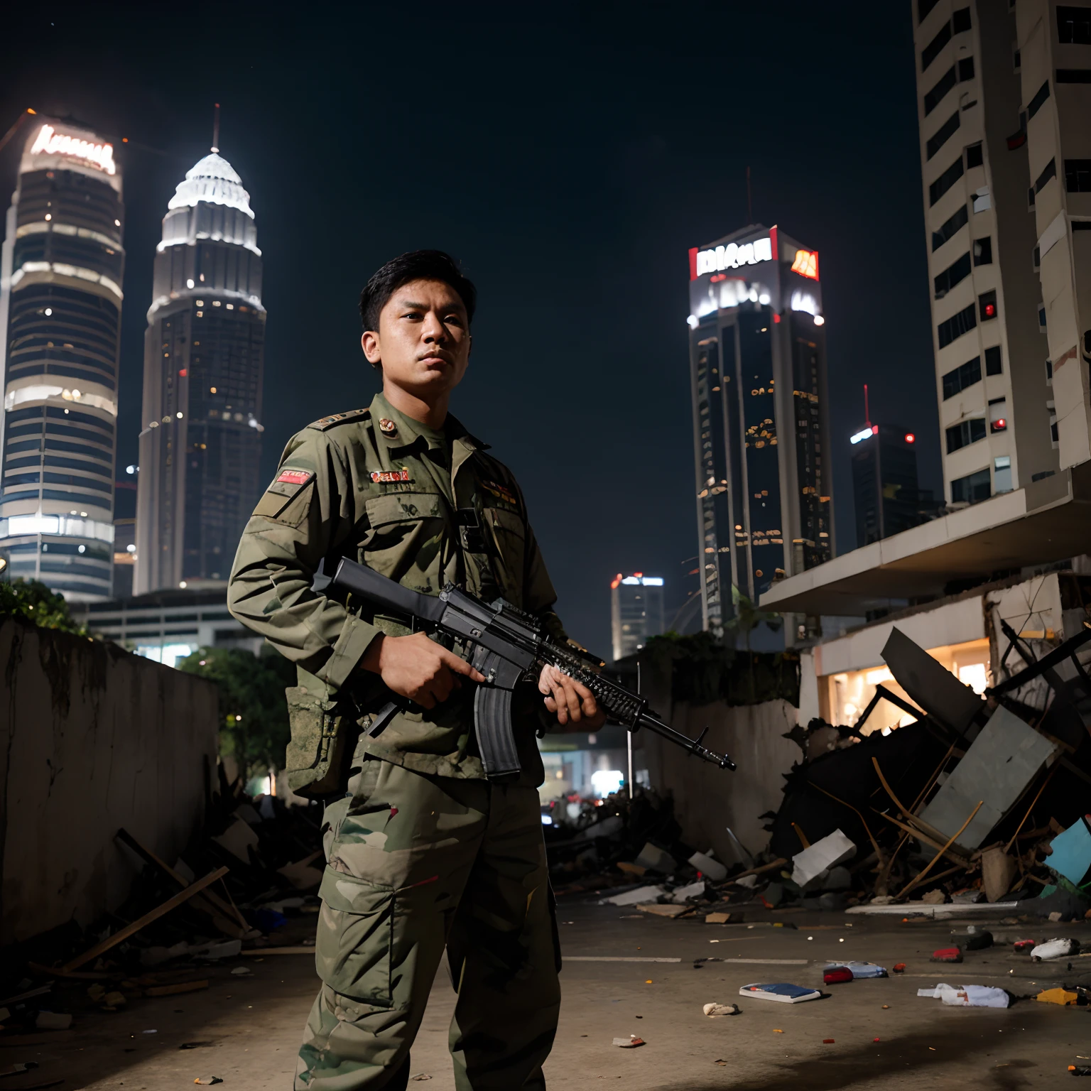 A man wearing Malaysia army suit,holding a rifle, Stance to fight, background of destroyed Kuala Lumpur City
