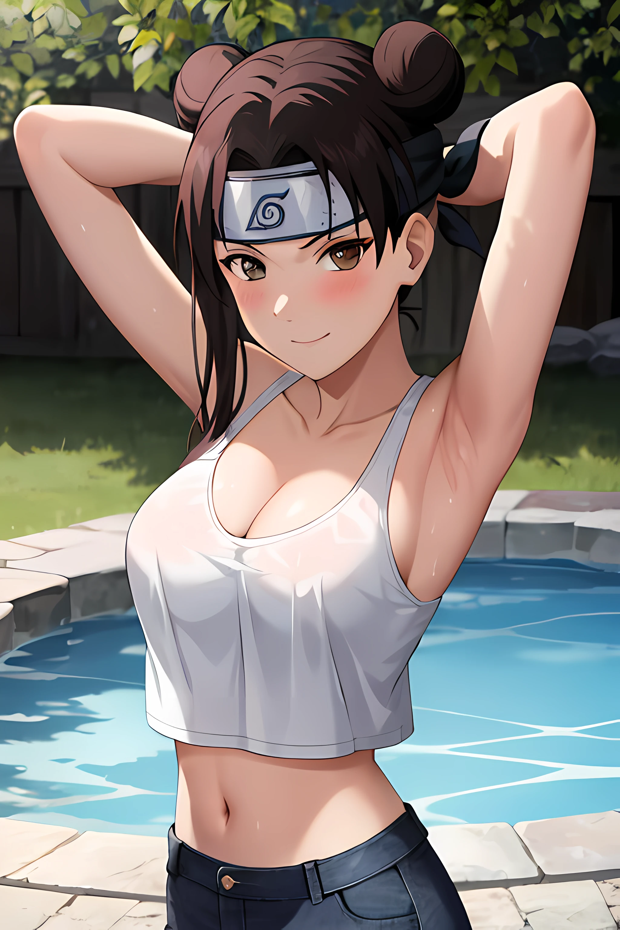 masterpiece, absurdres , (intricate details), (colorful),cinematic lighting,bust shot,extremely detailed CG unity 8k wallpaper,tenten\(shippuden\), 1girl, solo, large breasts, forehead protector, konohagakure symbol, headband, looking at viewer, poolside, (white tank top), ripped jeans, midriff, standing, smile, (blushing), hands behind head, cleavage,