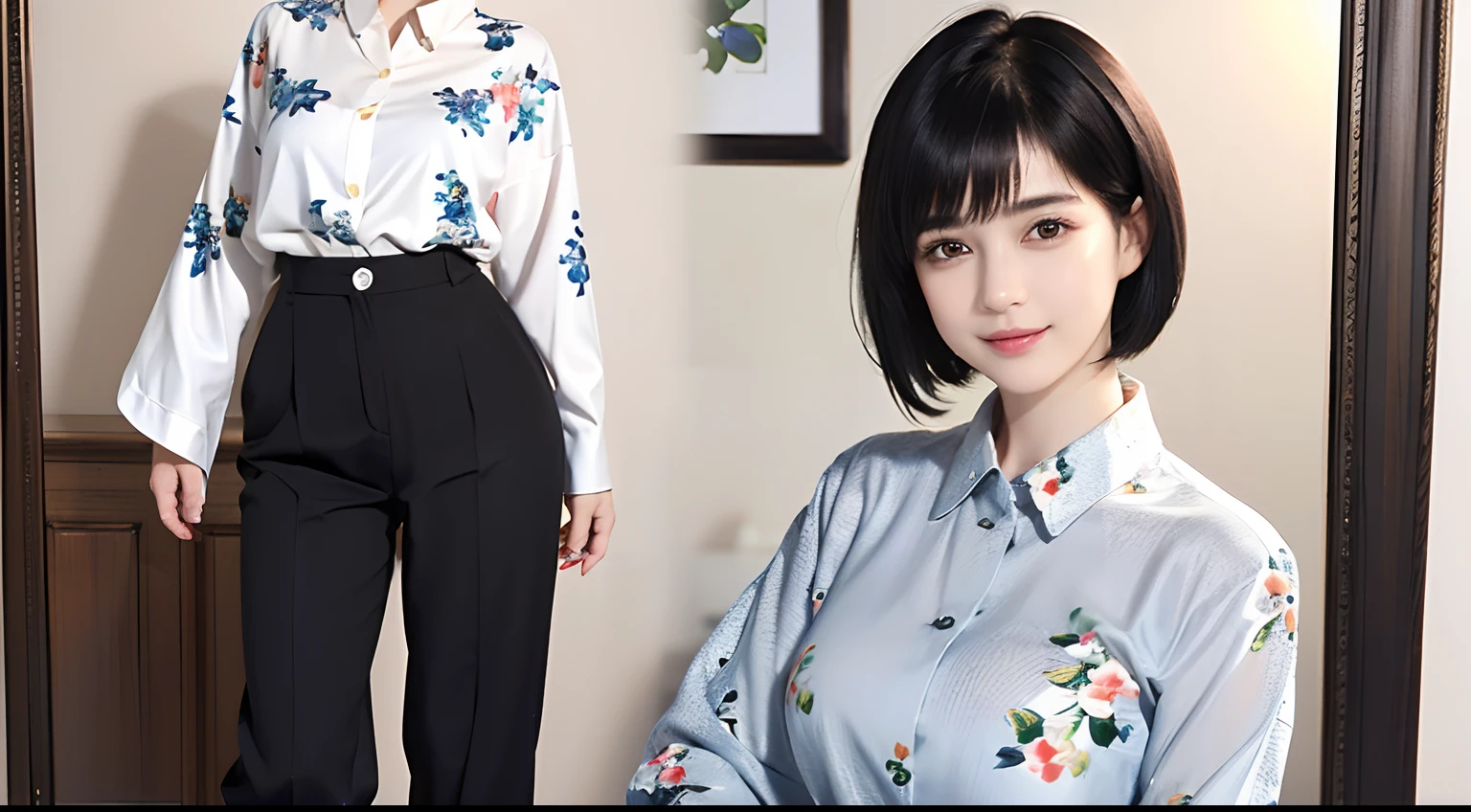 93
(a 20 yo woman,is standing), (A hyper-realistic), (masutepiece), ((short-hair:1.46)), (Smooth black hair), wear long pants, (Wearing a long-sleeved shirt with a floral print), (painterly、picture frame), (Gentle smile), (Keep your mouth shut)