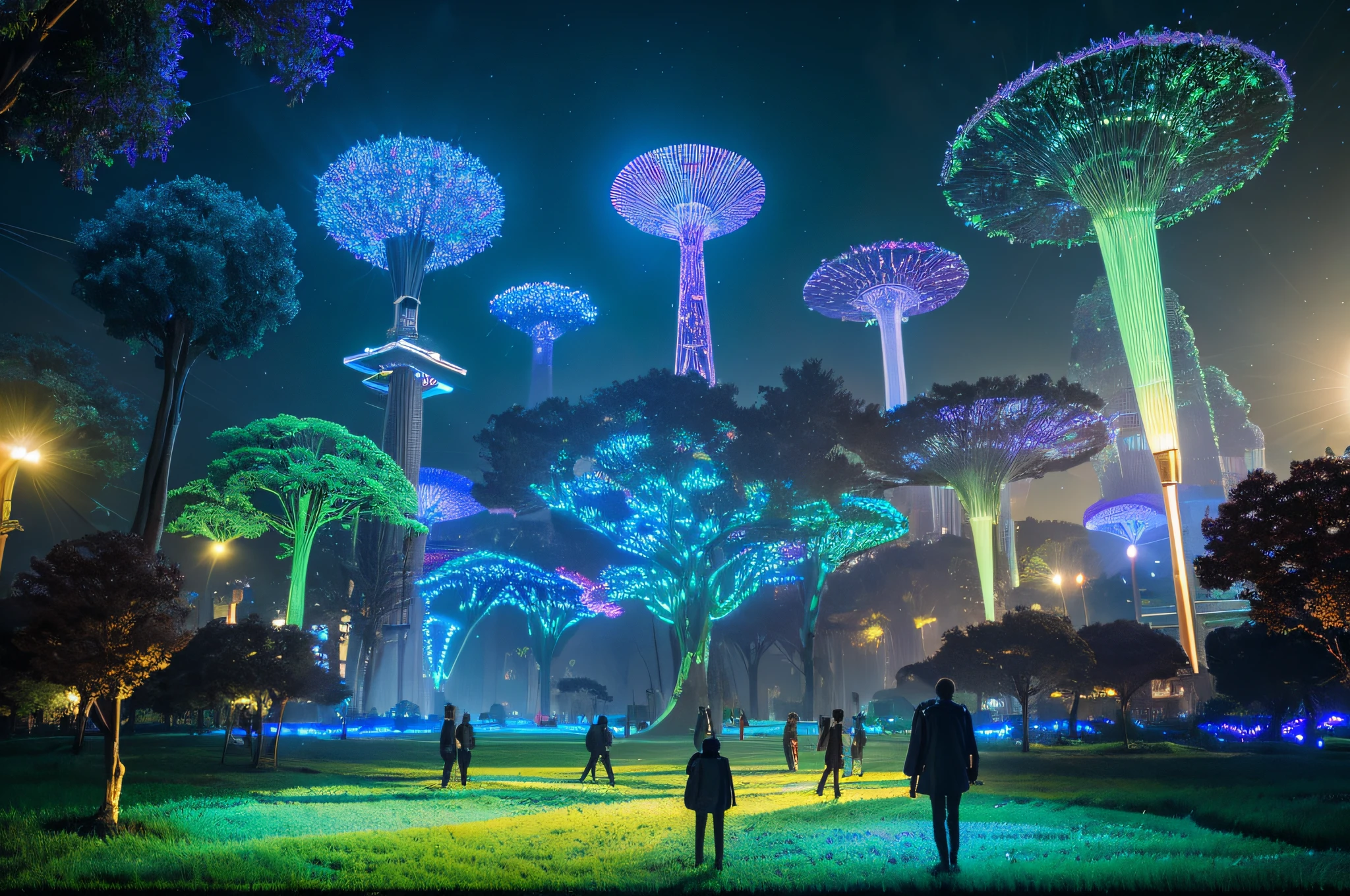 Items: Giant digital trees, glowing circuits, grass resembling optical fibers, delicate LEDs, birds with digital wings, and a massive holographic display. Location: A future landscape, an environment where digital and nature blend, a futuristic meadow. State: Trees towering with intertwined circuits, lush grass swaying with shimmering LEDs in the wind, flocks of birds digitally fluttering, and a holographic display illuminating the surroundings. Theme Style: A futuristic scene with a steampunk-inspired theme, blending the beauty of digital technology and nature.