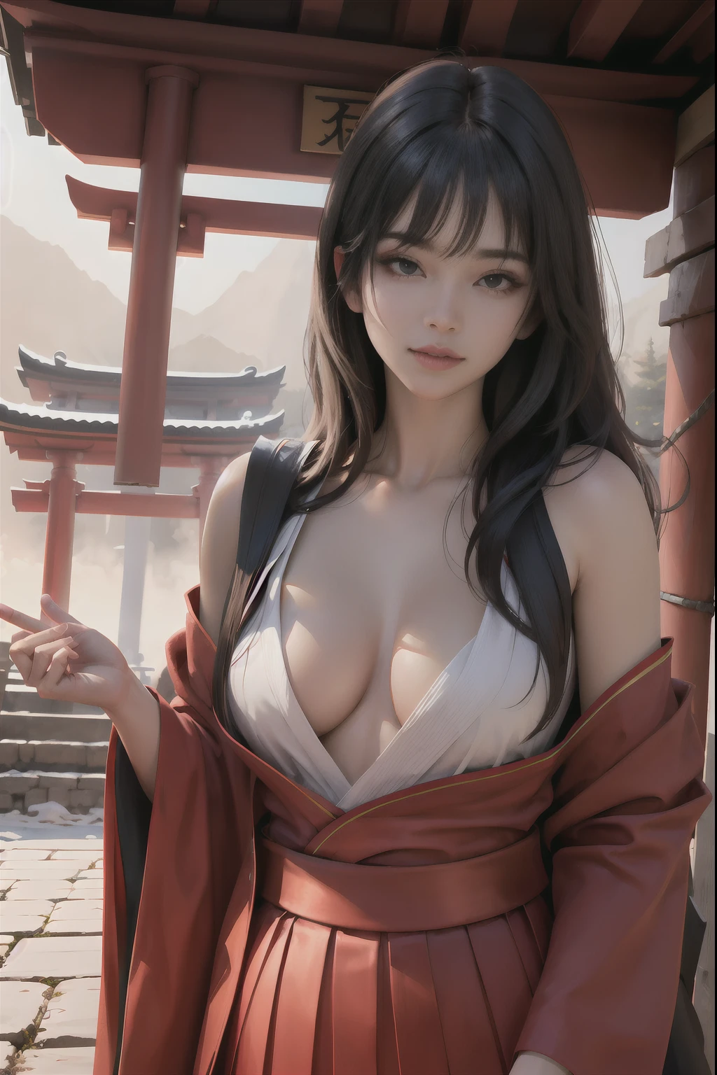 long hair, hakama, red skirt, (shiny skin:1.2), upper body, torii, temple, (masterpece:1.3), (photorealistic:1.3), (best quality:1.3), 8k, uhd, high resolution, 1girl, foreshortening, ((large breats)), best lighting, best shadow,