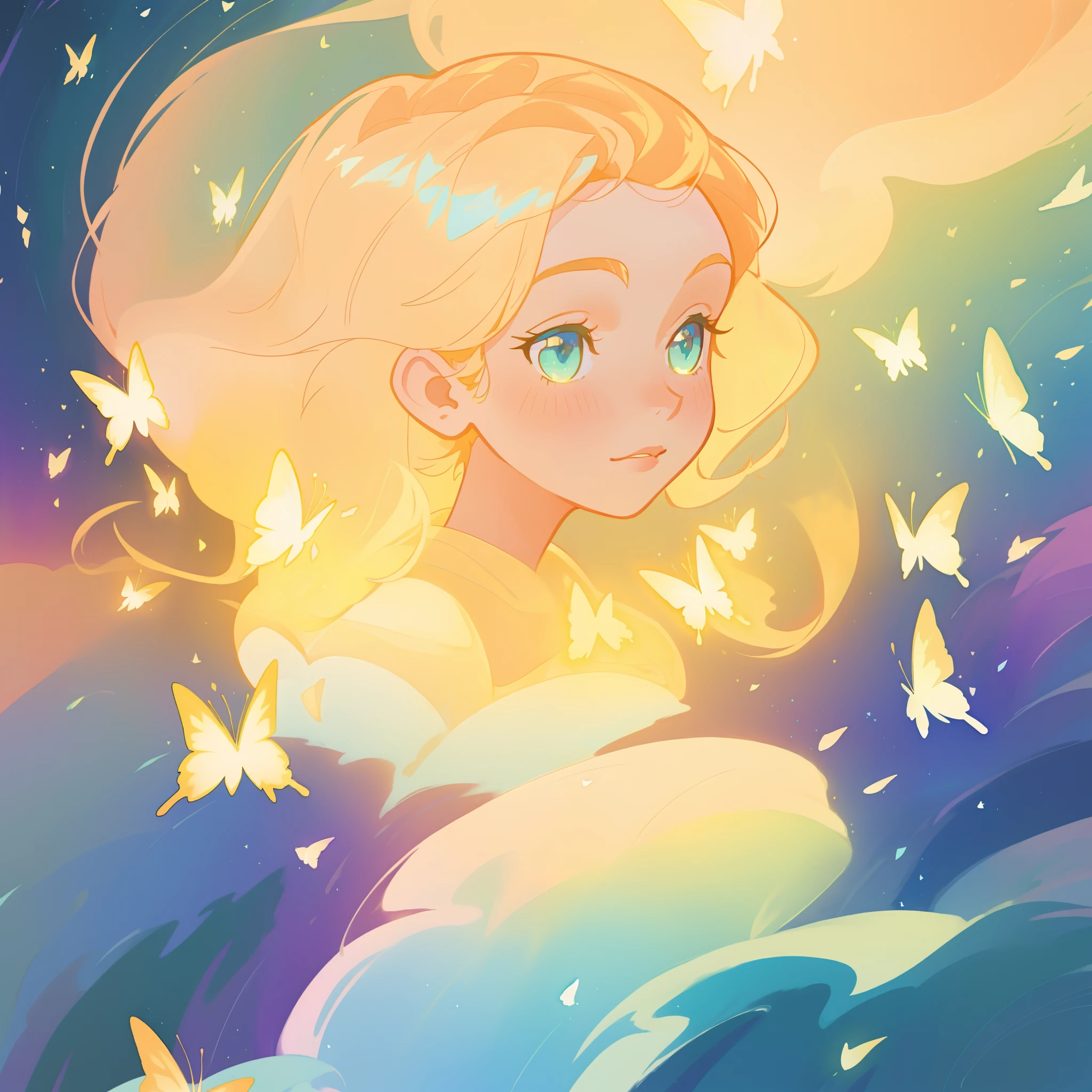 beautiful girl in flowing puffy gradient gold to aqua ballgown, ((glowing gold butterflies)), ((portrait, beautiful face)), flowing sheer sleeves, (gradient yellow to aqua ballgown skirt), long sparkling red hair, delicate gold crown, fantasia background, watercolor illustration, inspired by Glen Keane, inspired by Lois van Baarle, disney art style, by Lois van Baarle, glowing aura around her, by Glen Keane, jen bartel, glowing lights! digital painting, flowing glowing hair, glowing flowing hair, beautiful digital illustration, fantasia otherworldly landscape plants flowers, beautiful, masterpiece, best quality, anime disney style