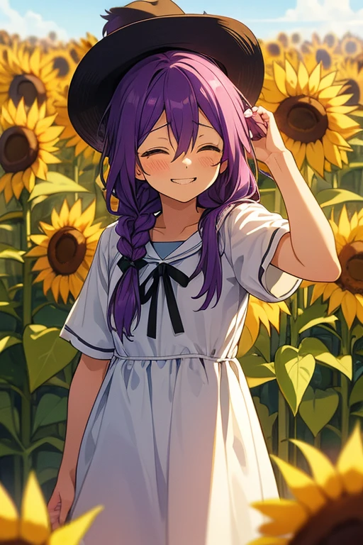 long hair, mole under mouth, purple hair, single braid, hair between eyes, aqua eyes, sharp teeth, 1girl, blush, smile, cowboy shot, white dress, strawhat, closed eyes, happy, summer, sunflowers, field of sunflowers