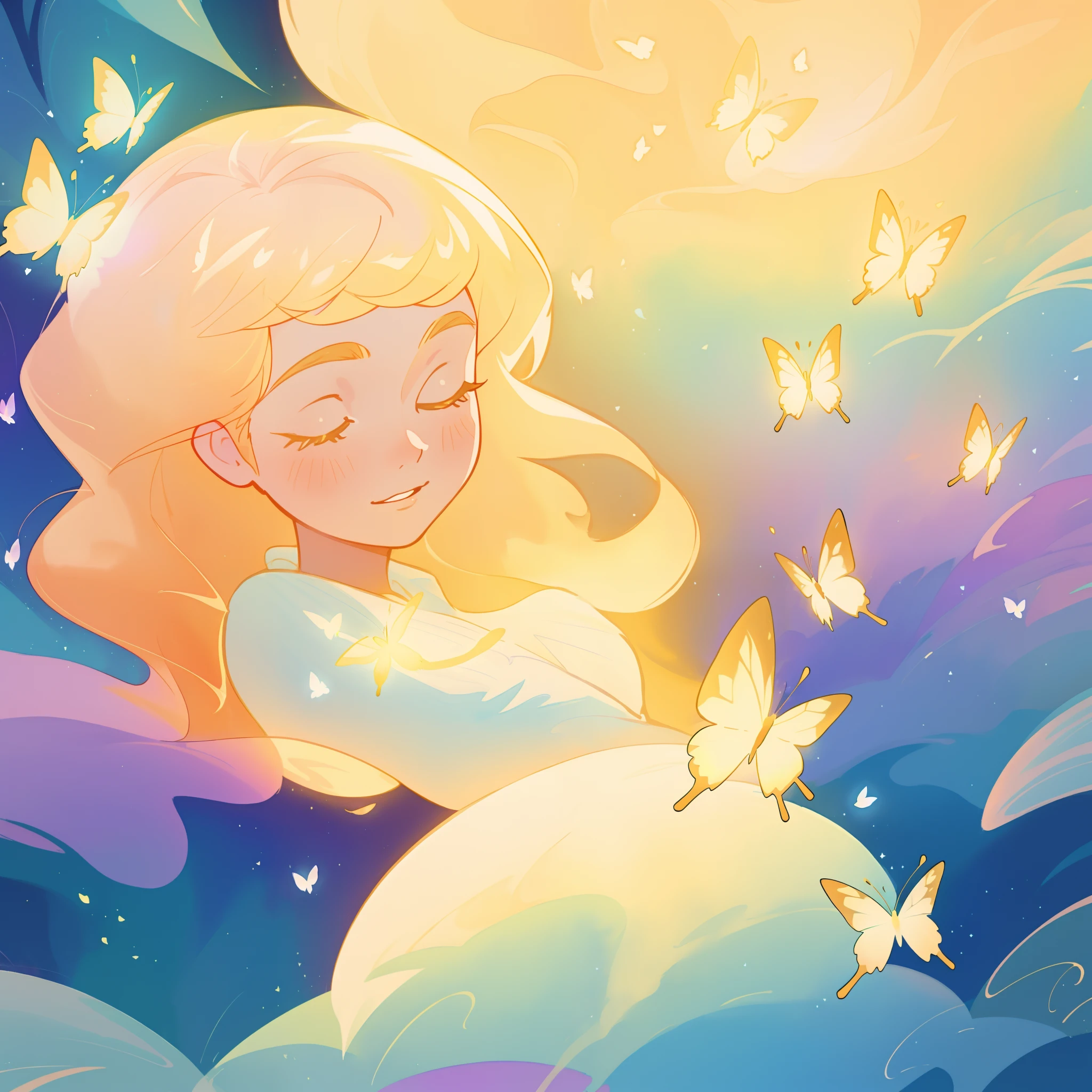 beautiful girl in flowing puffy gradient gold to aqua ballgown, ((glowing gold butterflies)), ((portrait, beautiful face)), flowing sheer sleeves, (gradient yellow to aqua ballgown skirt), long sparkling red hair, delicate gold crown, fantasia background, watercolor illustration, inspired by Glen Keane, inspired by Lois van Baarle, disney art style, by Lois van Baarle, glowing aura around her, by Glen Keane, jen bartel, glowing lights! digital painting, flowing glowing hair, glowing flowing hair, beautiful digital illustration, fantasia otherworldly landscape plants flowers, beautiful, masterpiece, best quality, anime disney style