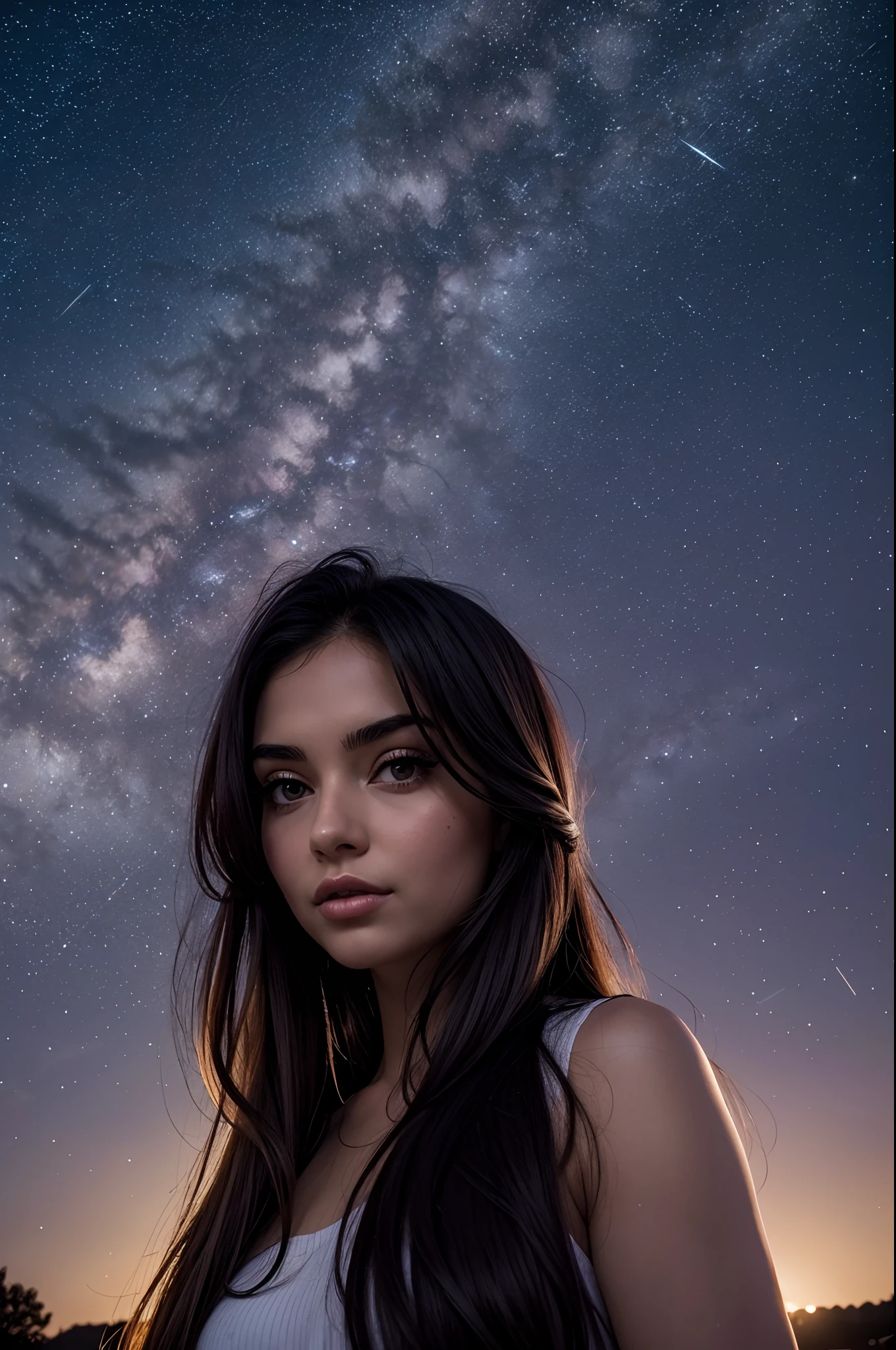 a gorgous woman, 23 years old, under the starry sky