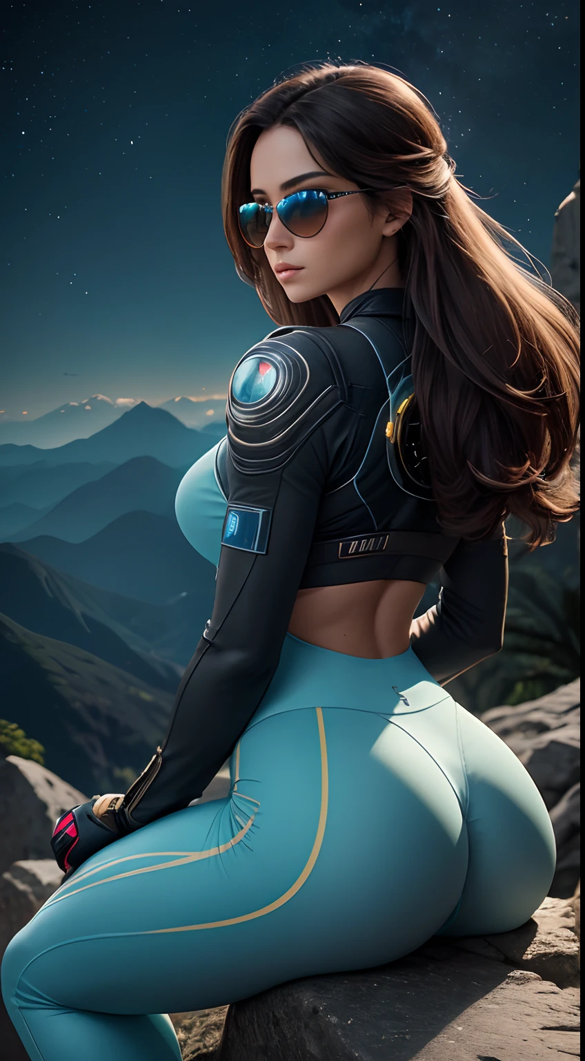 Masterpiece, analog style, bldrnrst, (35mmstyle:1), film-like, rear angle photo of (effortlessly beautiful [cyborg|woman] space outlaw, wearing light blue spandex yoga pants and [Cyberpunk|Dieselpunk] crew uniform, accentuated booty), ((aviator sunglasses, light blue:1.3, translucent)), (perfect face:1.2), looking back at viewer, (detailed skin), realistic skin texture, [[imperfect skin]], fine details, BREAK
(Sitting on rocky outcrop on brink of tall mountain with grand and imposing tropical rainforest on alien planet in the background), (sci-fi), (mountains:1.1), lush green vegetation, vivid details, beautiful colors, [ambient light], (two moons and majestic galaxy in the night sky above in background), [fantasy|scifi]_(setting), BREAK
(lens flare:0.7), (bloom 0.6), particle effects, beautiful cinematic light, shallow depth of field, photographed on a Hasselblad X1D II 50c, 90mm f/2.8 cine lens, sharp focus, cinestill 800T, (highly detailed, intricately detailed), HDR, 8k, cinematic film still from [gravity|westworld], from behind, wide ass