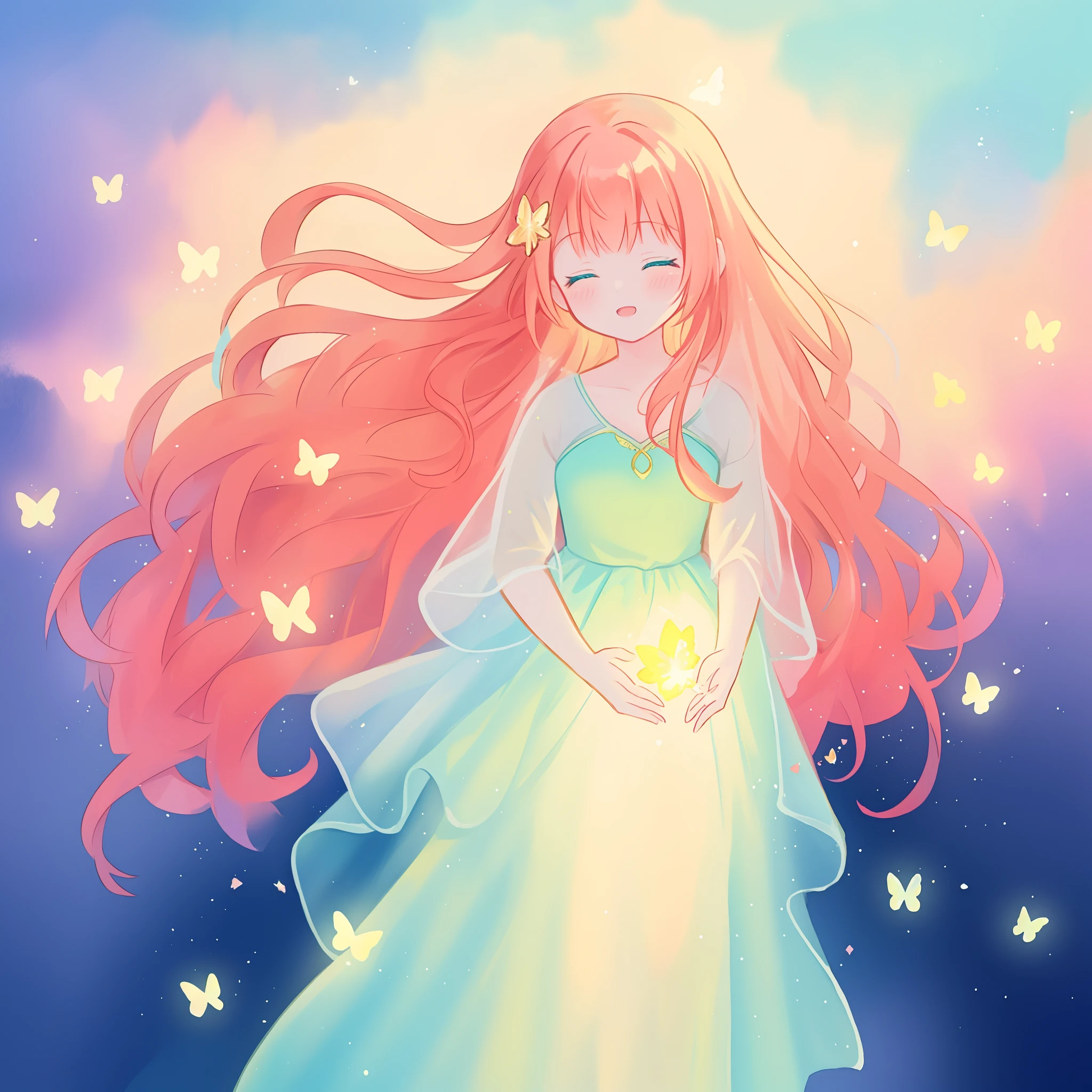 beautiful girl in flowing puffy gradient gold to aqua ballgown, ((glowing gold butterflies)), flowing sheer sleeves, (gradient yellow to aqua ballgown skirt), long sparkling red hair, delicate gold crown, fantasia background, watercolor illustration, inspired by Glen Keane, inspired by Lois van Baarle, disney art style, by Lois van Baarle, glowing aura around her, by Glen Keane, jen bartel, glowing lights! digital painting, flowing glowing hair, glowing flowing hair, beautiful digital illustration, fantasia otherworldly landscape plants flowers, beautiful, masterpiece, best quality, anime disney style