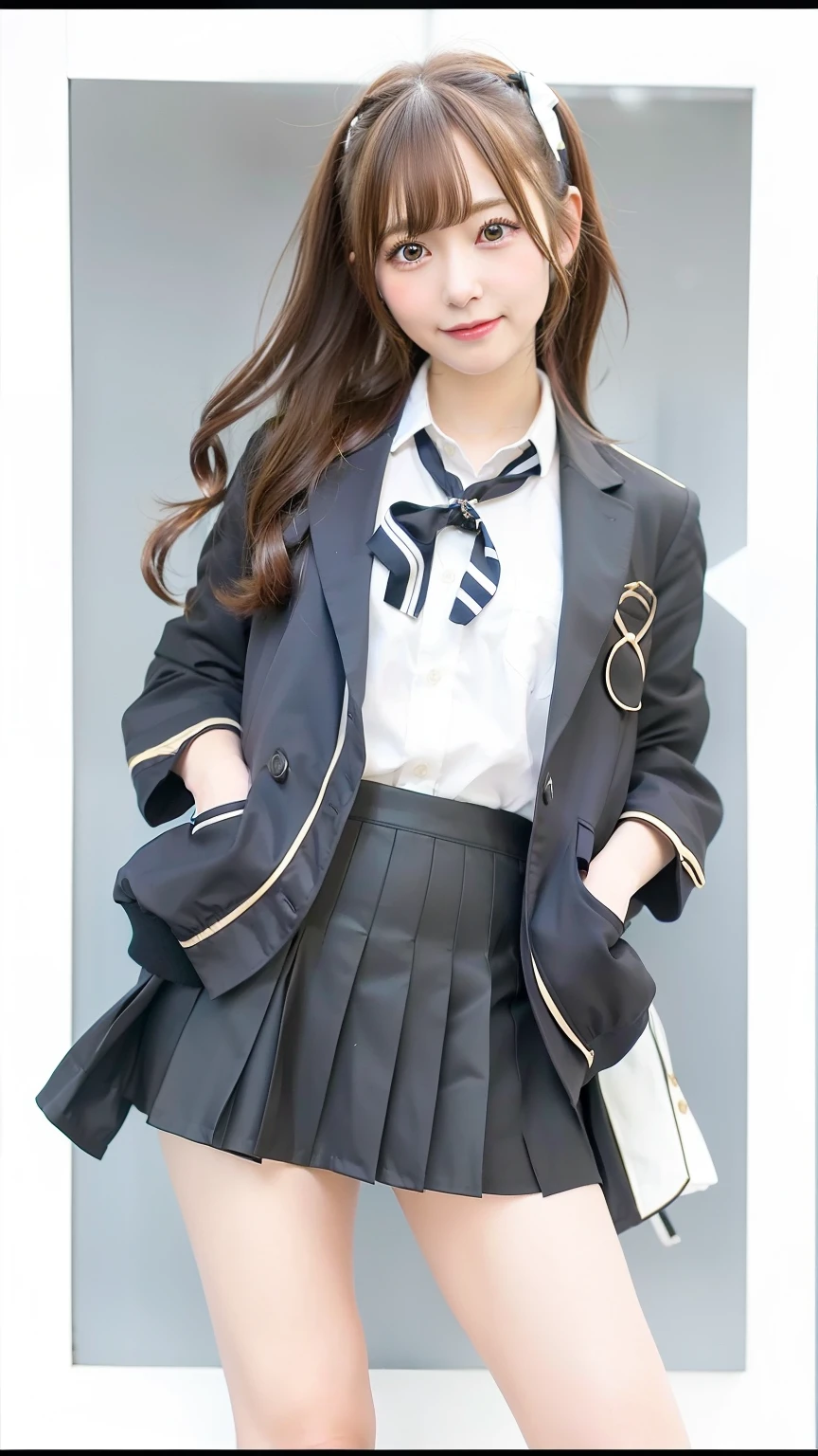 a close up of a person wearing a skirt and jacket, kantai collection style, marin kitagawa fanart, beautiful anime high school girl, anime moe artstyle, anime full body illustration, jk uniform, an anime girl, anime girl with long hair, anime visual of a cute girl, realistic schoolgirl, style anime, a hyperrealistic schoolgirl, school girl