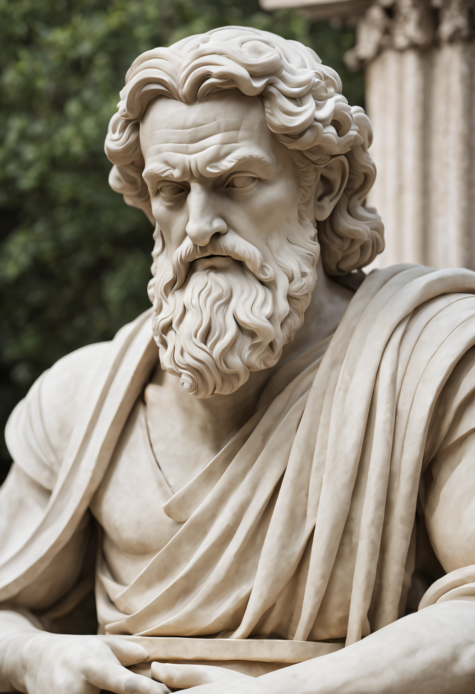 A statue of an ancient Stoic philosopher with a serene and imposing expression. His face exudes confidence and respect, reflecting the profound wisdom and self-control that Stoics were known to cultivate. The statue emanates an aura of serenity and inner strength, encapsulating the fundamental principles of Stoicism.