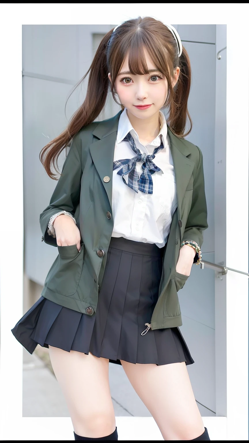 a close up of a person wearing a skirt and jacket, kantai collection style, marin kitagawa fanart, beautiful anime high school girl, anime moe artstyle, anime full body illustration, jk uniform, an anime girl, anime girl with long hair, anime visual of a cute girl, realistic schoolgirl, style anime, a hyperrealistic schoolgirl, school girl