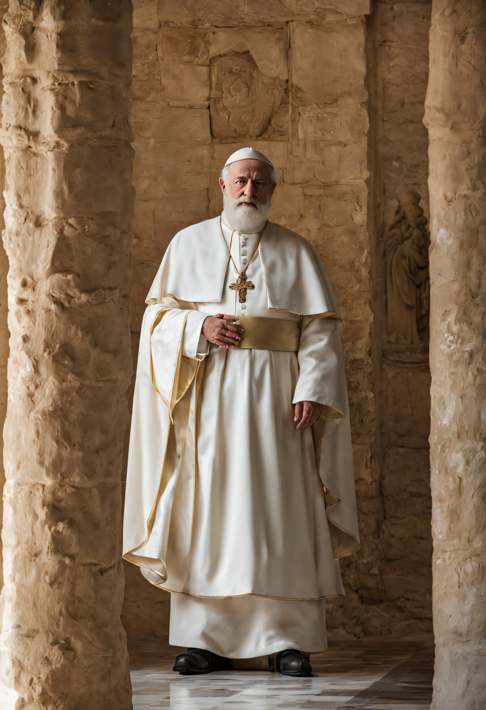 Papa Paulo IV Rosto realista, Man with gentle expression, serious looking, olhar penetrante, with the papal tiara on her head, alta resolução, detalhes perfeitos, olhos e rosto detalhados, Standing in Old Jerusalem, dirt floor, Tall Marble Columns, altar ornamentado, Atmosfera santa, soft lighting.