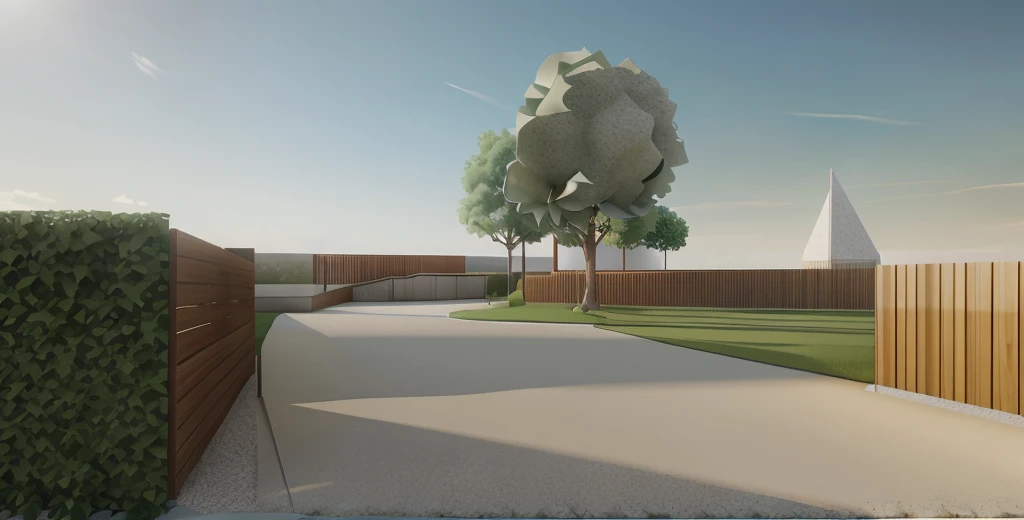 rendering of a park, a concrete pathway, extend to the far distance, a wooden wall on the right, ((bush hedge)) on the left all the way along the pathway, wooden pathway from left to right crossing the concrete pathway, trees in background, ((modern sculpture)) in the distance, beautiful open grass lawn, ((beautiful bule sky, daylight, bright light)), masterpiece, ultra-detailed, realistic rendering, commercial rendering, 4K rendering, way rendering, realistic green trees