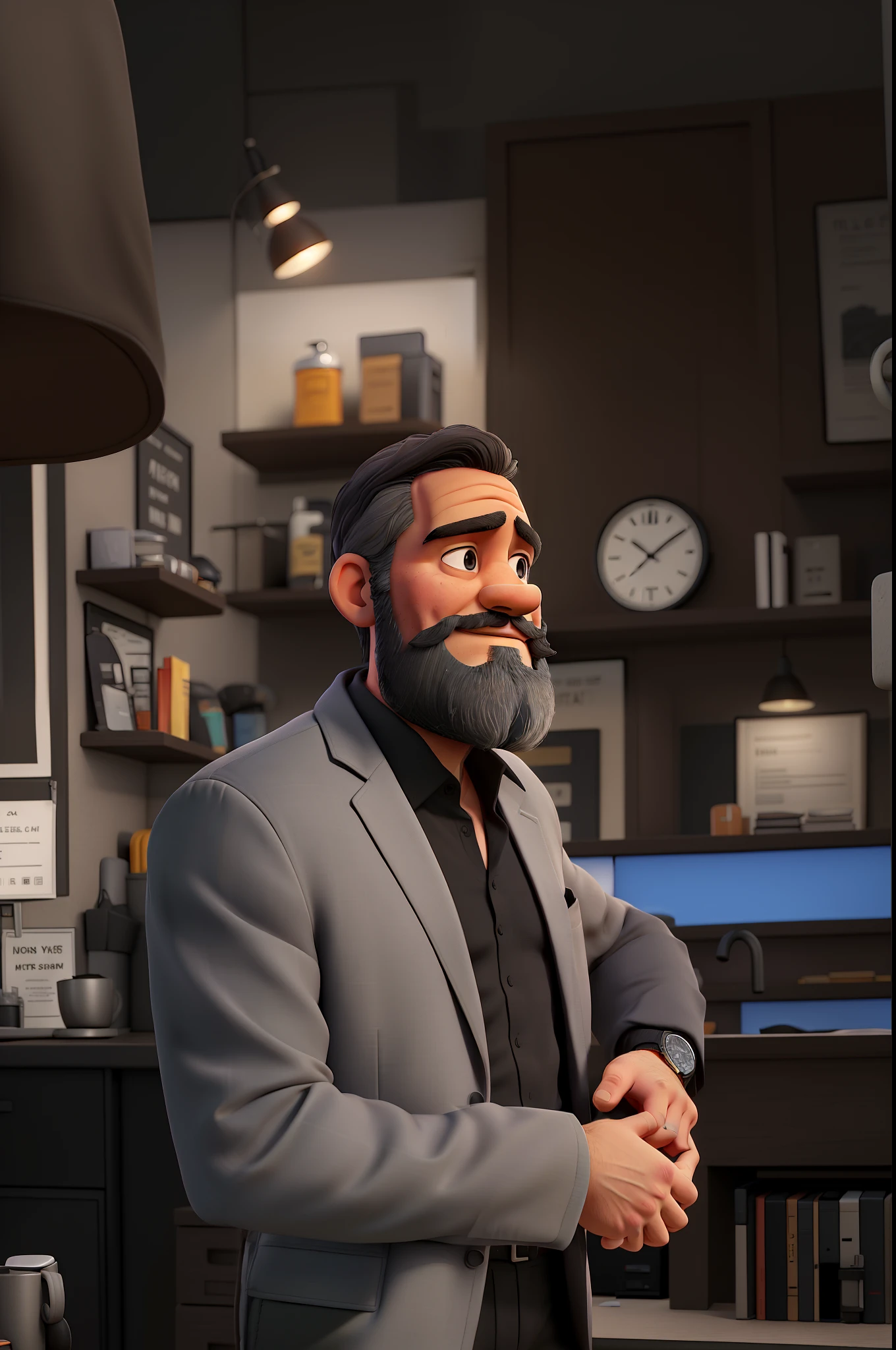 man with a 40-year-old appearance standing, with a gray suit, black t-shirt with his hands in his pants pocket, watch on his wrist, with a black beard, a little gray at the end of his beard