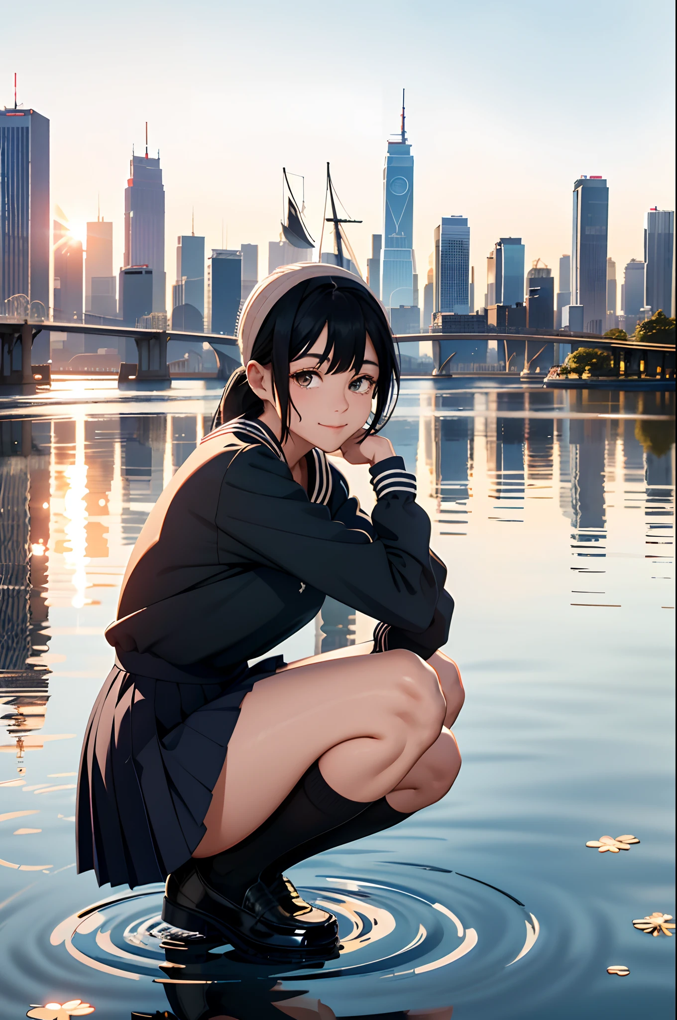 (top-quality、in 8K、32K、​masterpiece、nffsw、ighly detailed:1.2)、Full body, (Vibrant city skyline reflected on the tranquil waterfront:1.4)、beautiful shadow、beauitful face、blurry backround、-yeld beiful girl、shinny skin, Beautiful black hair、Blunt bangs、 side poneyTail、Brown eyes、a sailor suit、pleatedskirt、Black socks、Black shoes、A smile、Raising arms、crouching down、white  panties、thighs thighs thighs thighs、from the front side、