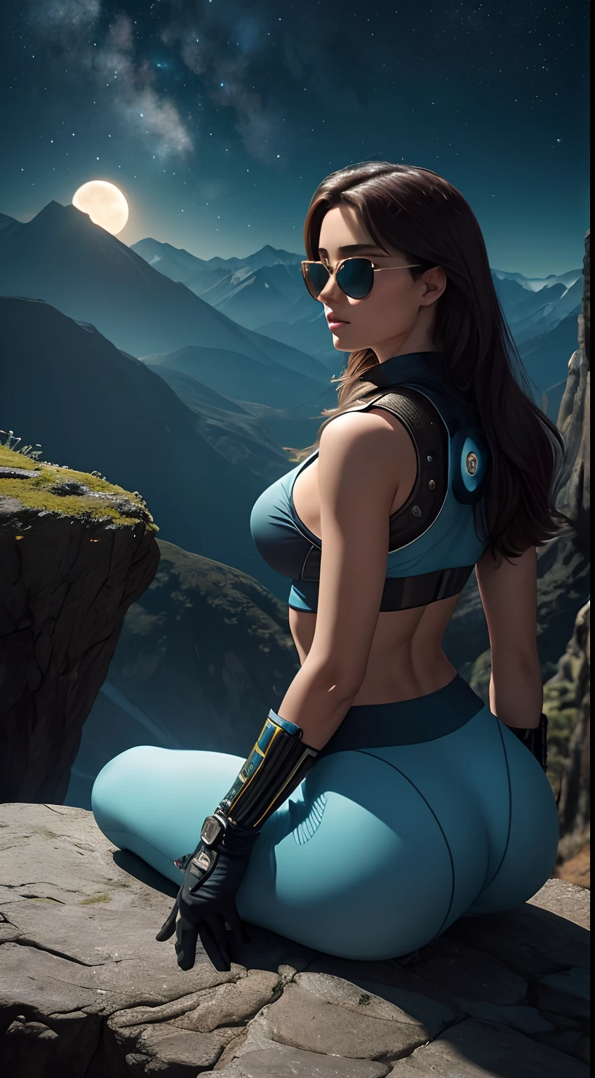 Masterpiece, analog style, bldrnrst, (35mmstyle:1), film-like, rear angle photo of (effortlessly beautiful [cyborg|woman] space outlaw, wearing light blue spandex yoga pants and [Cyberpunk|Dieselpunk] crew uniform, accentuated booty), ((aviator sunglasses, light blue:1.3, translucent)), (perfect face:1.2), looking back at viewer, (detailed skin), realistic skin texture, [[imperfect skin]], fine details, BREAK
(Sitting on rocky outcrop on brink of tall mountain with grand and imposing tropical rainforest on alien planet in the background), (sci-fi), (mountains:1.1), lush green vegetation, vivid details, beautiful colors, [ambient light], (two moons and majestic galaxy in the night sky above in background), [fantasy|scifi]_(setting), BREAK
(lens flare:0.7), (bloom 0.6), particle effects, beautiful cinematic light, shallow depth of field, photographed on a Hasselblad X1D II 50c, 90mm f/2.8 cine lens, sharp focus, cinestill 800T, (highly detailed, intricately detailed), HDR, 8k, cinematic film still from [gravity|westworld], from behind, wide ass