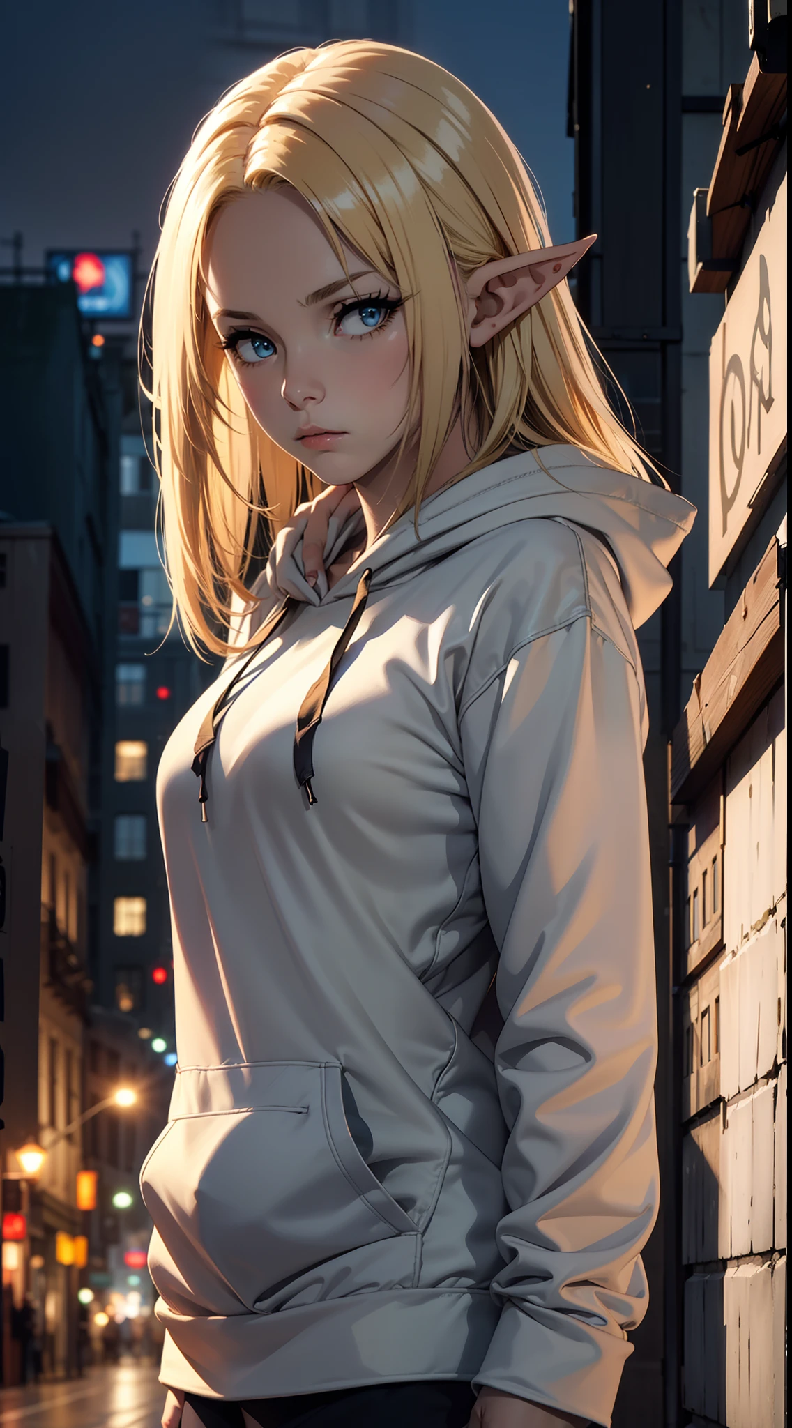 (masterpiece, best quality:1.4), 1girl, upper body, wearing Streetwear ((Hoodie)), blonde_hair, blue_eyes, serious face, closed_mouth, elf ears, looking_at_viewer, medium breast, full face blush, blurry background, depth of field, dinamic lighting, sharp focus, realistic proportions, good anatomy, Cityscape , outside, at night