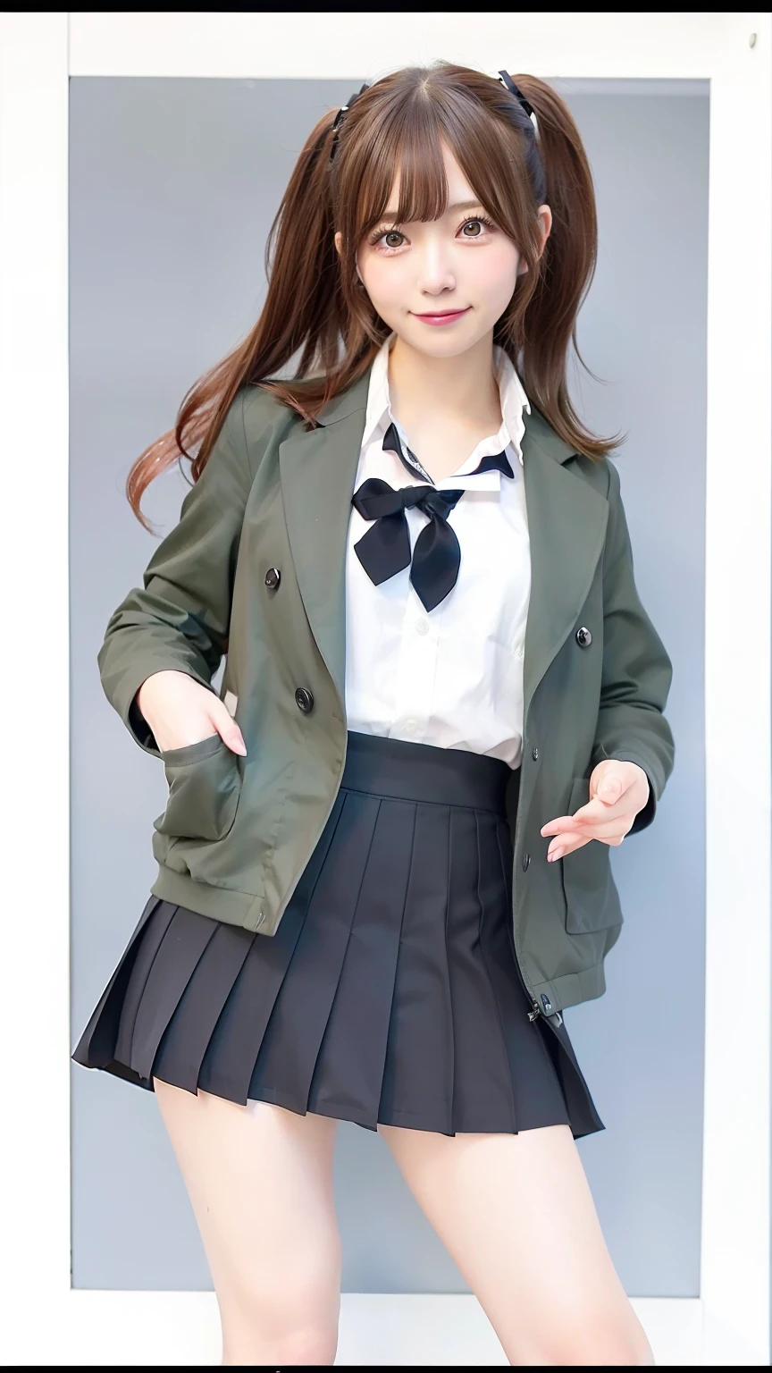a close up of a person wearing a skirt and jacket, kantai collection style, marin kitagawa fanart, beautiful anime high school girl, anime moe artstyle, anime full body illustration, jk uniform, an anime girl, anime girl with long hair, anime visual of a cute girl, realistic schoolgirl, style anime, a hyperrealistic schoolgirl, school girl