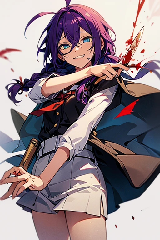 long hair, mole under mouth, purple hair, single braid, hair between eyes, aqua eyes, sharp teeth, ahoge, 1girl, smile, cowboy shot, yandere, holding a knife, blood