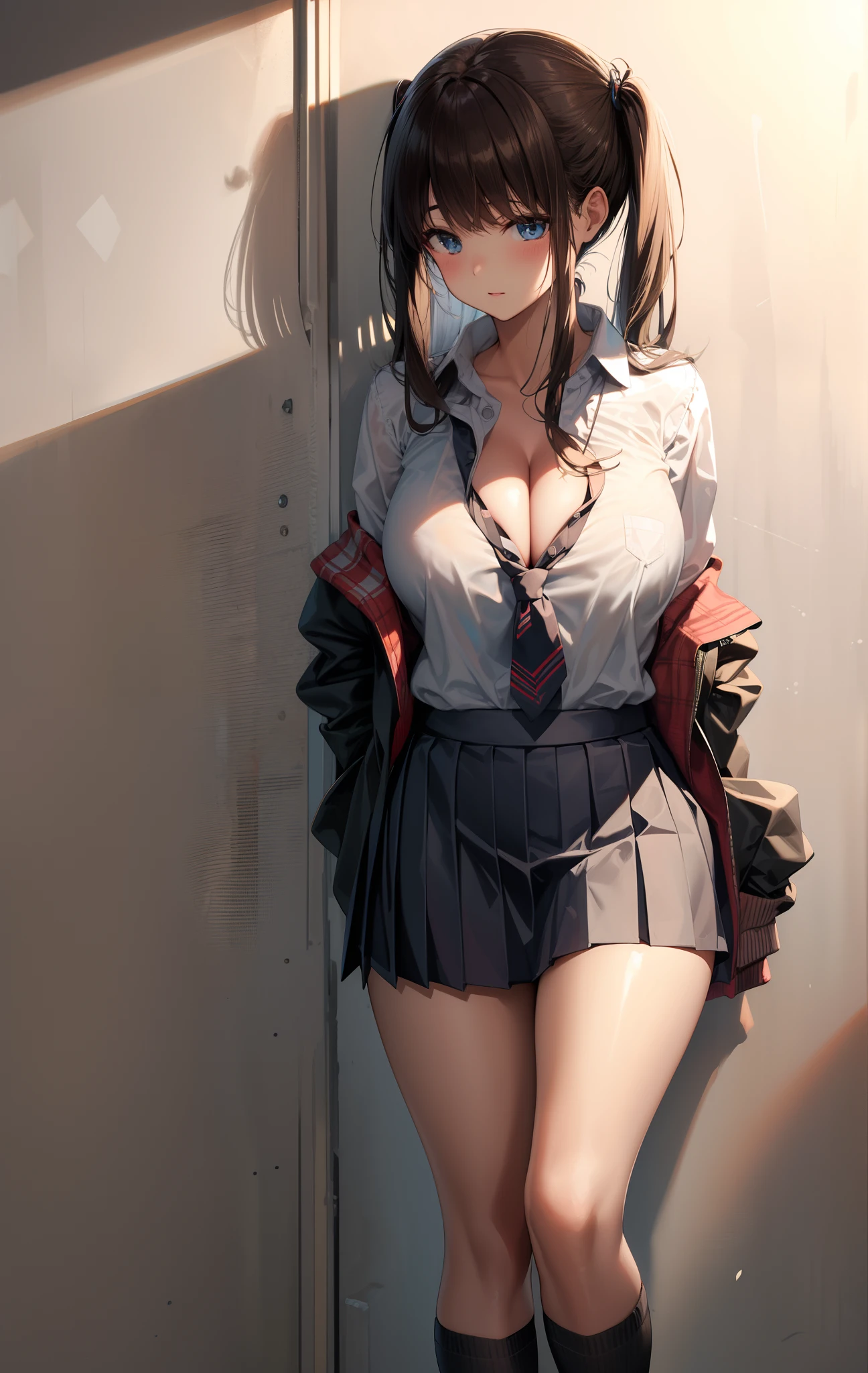black necktie, Long sleeves, Pleated skirt, School uniform, Shirt, Skirt, sleeves rolled up, White shirt, cleavage,