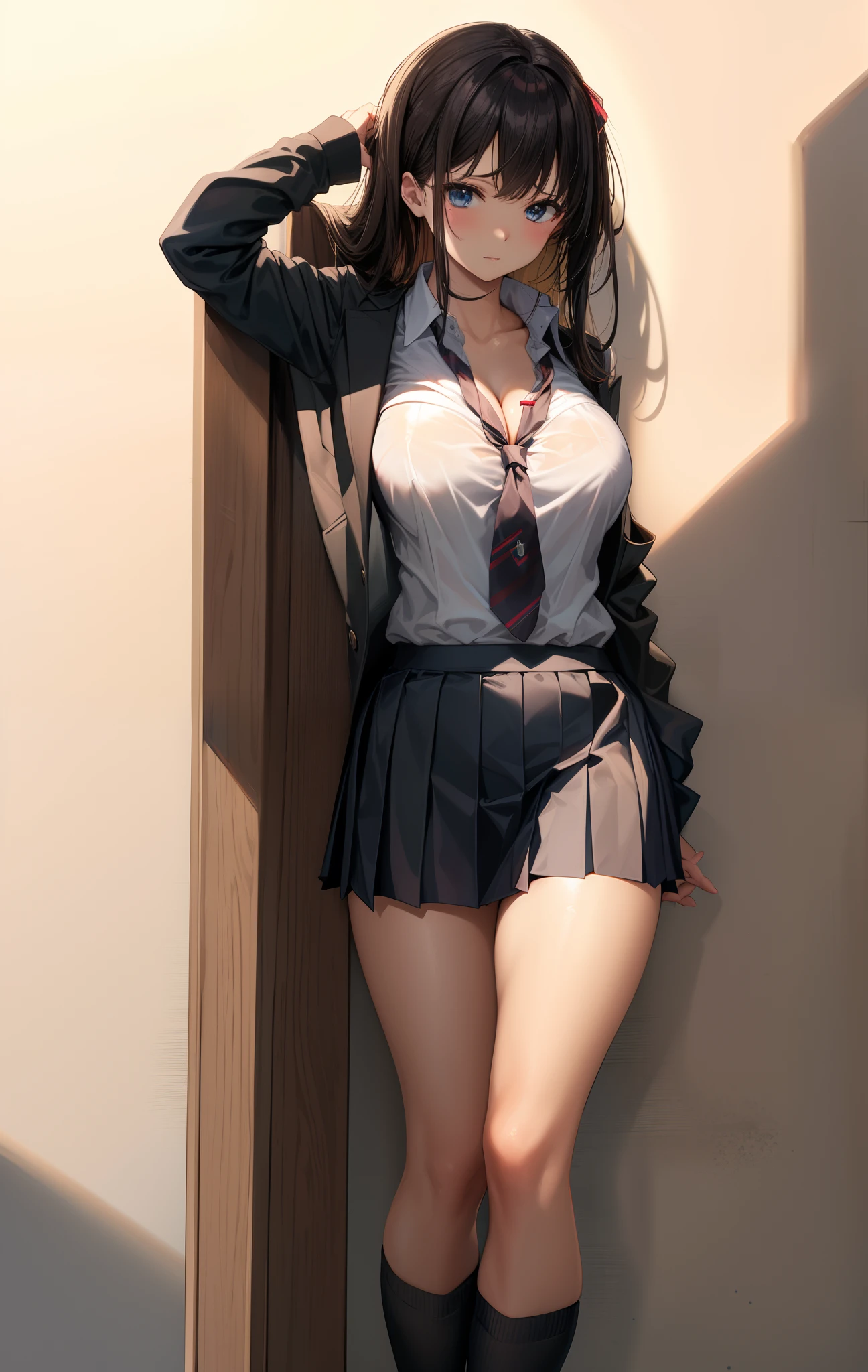 black necktie, Long sleeves, Pleated skirt, School uniform, Shirt, Skirt, sleeves rolled up, White shirt, cleavage,