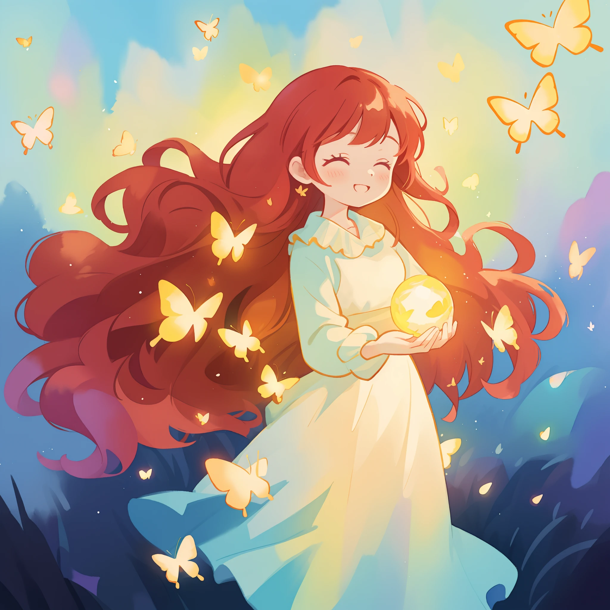 beautiful girl in flowing puffy gradient gold to aqua ballgown, ((glowing yellow butterflies)), long sparkling red hair, fantasia background, watercolor illustration, inspired by Glen Keane, inspired by Lois van Baarle, disney art style, by Lois van Baarle, glowing aura around her, by Glen Keane, jen bartel, glowing lights! digital painting, flowing glowing hair, glowing flowing hair, beautiful digital illustration, fantasia otherworldly landscape plants flowers, beautiful, masterpiece, best quality, anime disney style