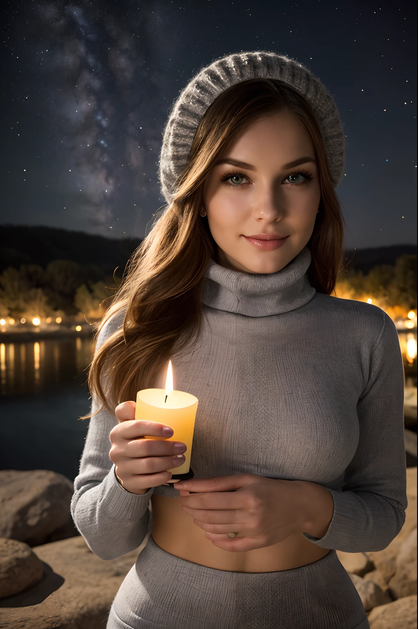1 gorgeous blonde woman, 23 ans, subtle smile, flirts with the camera, shes a model, sexy pose, (European girl:1.2), (Realistic hair:1.2), (realistic eyes:1.2), (Beauty face:1.3), SFW, (((grey bonnet on head))), (((large wool turtleneck loose white pullover))),(((black wool leggings))),(((heavy hiking boots))), night time, (((Background milky way))), perfect body, perfect hands, perfect breast, (((using a candle as light source))), Kodak gold 200, Playboy magazine style, medium shot, Best quality, ultra highres, (photoreallistic:1.4), 8k,