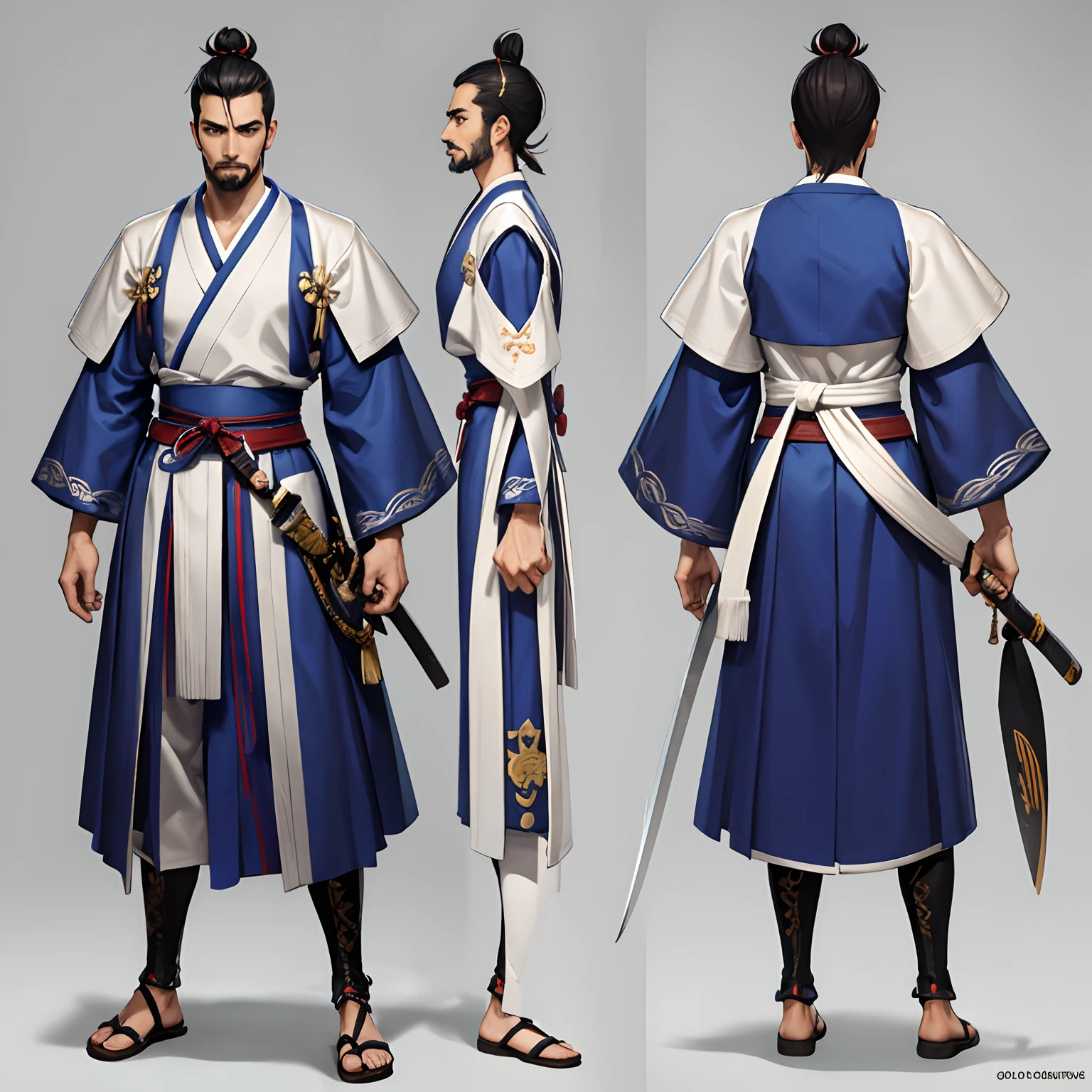 Close-up of a Mexican samurai, youthful adult, tall, slender, skinny and shredded, high cheekbones, sharp jawline, expressive eyebrows, mustache, chin beard, short mullet hairstyle, middle parted hair, light tan skin, long neck, blue and silver hakama, cloud Japanese style KINRAN fabric, blue katana on hip, ((character concept art)), ((character design sheet, same character, front, side, back)) skinny, Concept art, chara-sheet