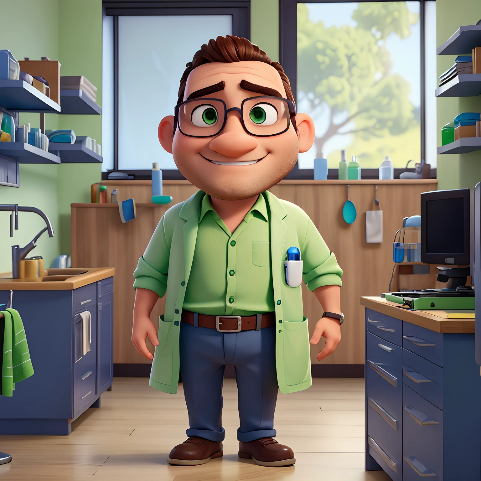 homem de 28 anos, sem cabelo, gordo, inspirado na Disney Pixar, de olhos verdes claros, Wearing glasses in your dental clinic , Looking to the Serious Future, wearing a lab coat, Dentist Clothing