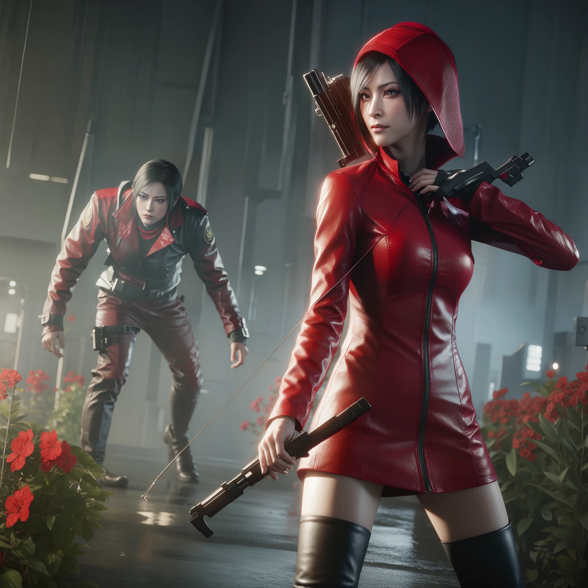 HD, ada wong, beautiful face, bob hair, red coat with black nail polish,  glare, holding a gun