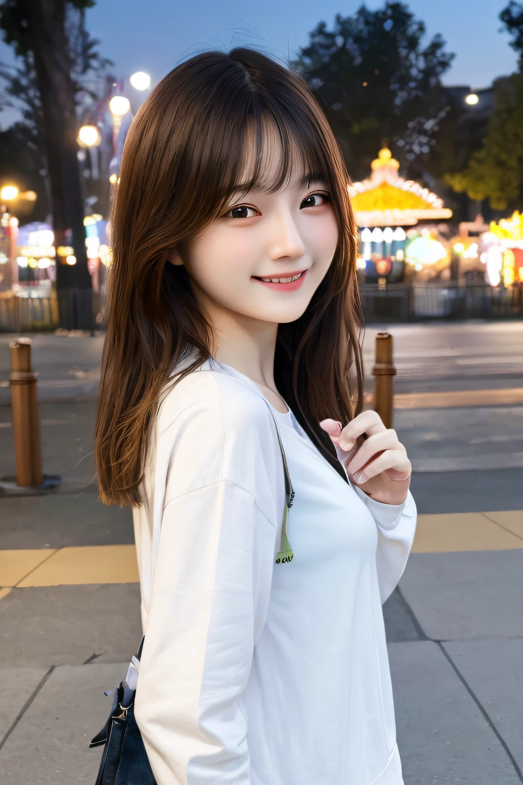 masterpiece, top quality, highly detailed CG Unity 8k wallpaper, cute girl, girlfriend, casual clothes, smile, amusement park, night, detailed background, from the side,