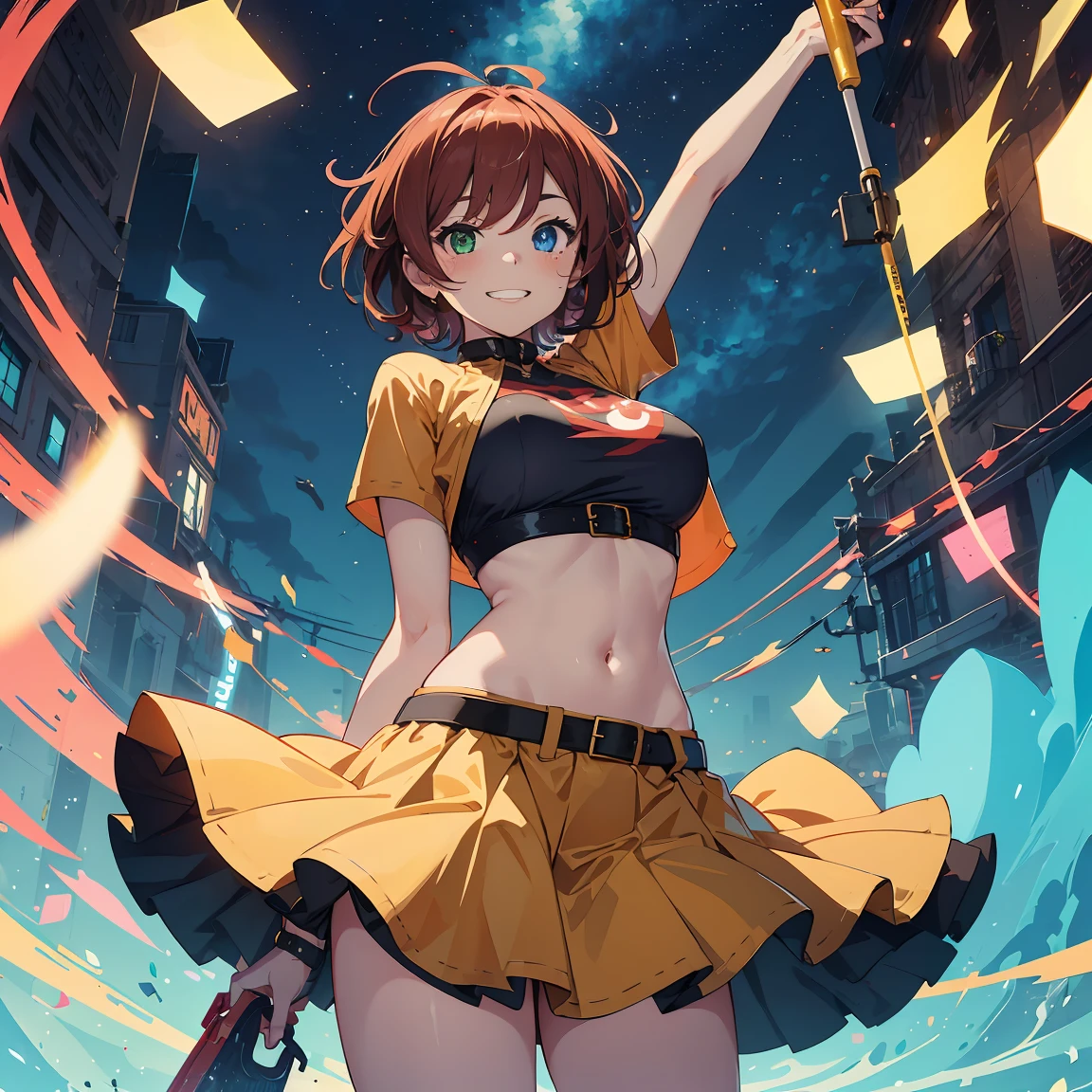 (masterpiece), 1girl, best quality, expressive eyes, perfect face, short hair, messy hair, ahoge, red hair BREAK (heterochromia), Green eye BREAK right blue eye BREAK Navel, tomboy, orange shirt BREAK large_boobs, yellow skirt BREAK sneakers, smile, grin, abstract background, blue background, stars symbol, sparkles