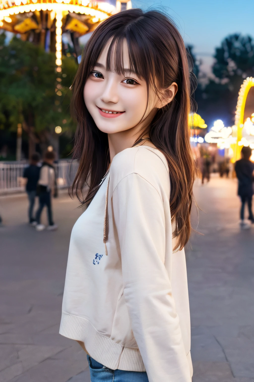 masterpiece, top quality, highly detailed CG Unity 8k wallpaper, cute girl, girlfriend, casual clothes, smile, amusement park, night, detailed background, from the side,