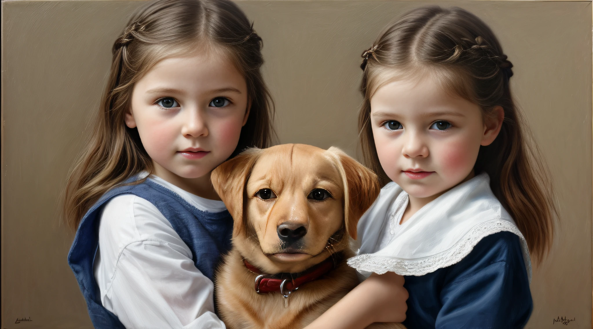 Image of a BLONDE CHILD GIRL BRAIDS, Holding a dog in my arms, , arte realista, , Extremely detailed oil painting, , realistic oil painting
