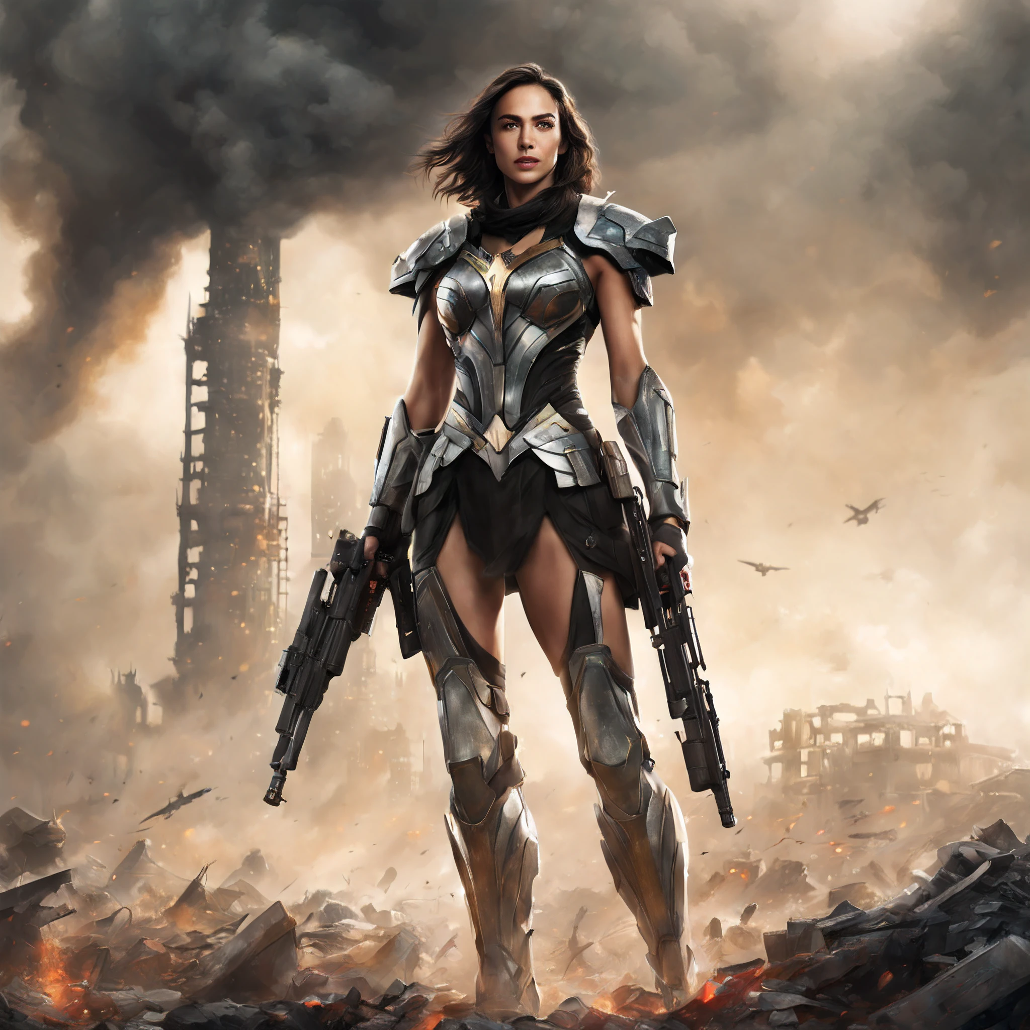 (best quality,4k,highres,ultra-detailed,realistic:1.2), heroic, action-packed, intense, cinematic, portrait, war painting, gal gadot:1.1, strong facial features, determined expression, piercing eyes, soft facial features, Gal Gadot's iconic red lips, flowing dark hair, mecha musume armor:1.1, detailed mechanical parts, sleek design, battle-worn, battle-scarred armor, war battlefield palestine:1.1, devastated landscape, desolated, rubble and debris, destroyed buildings, thick clouds of black smoke:1.1, billowing up into the sky, symbolizing destruction, dusty atmosphere, smoky and hazy, palestine flag in the background:1.1, fluttering proudly, symbol of resilience and strength.