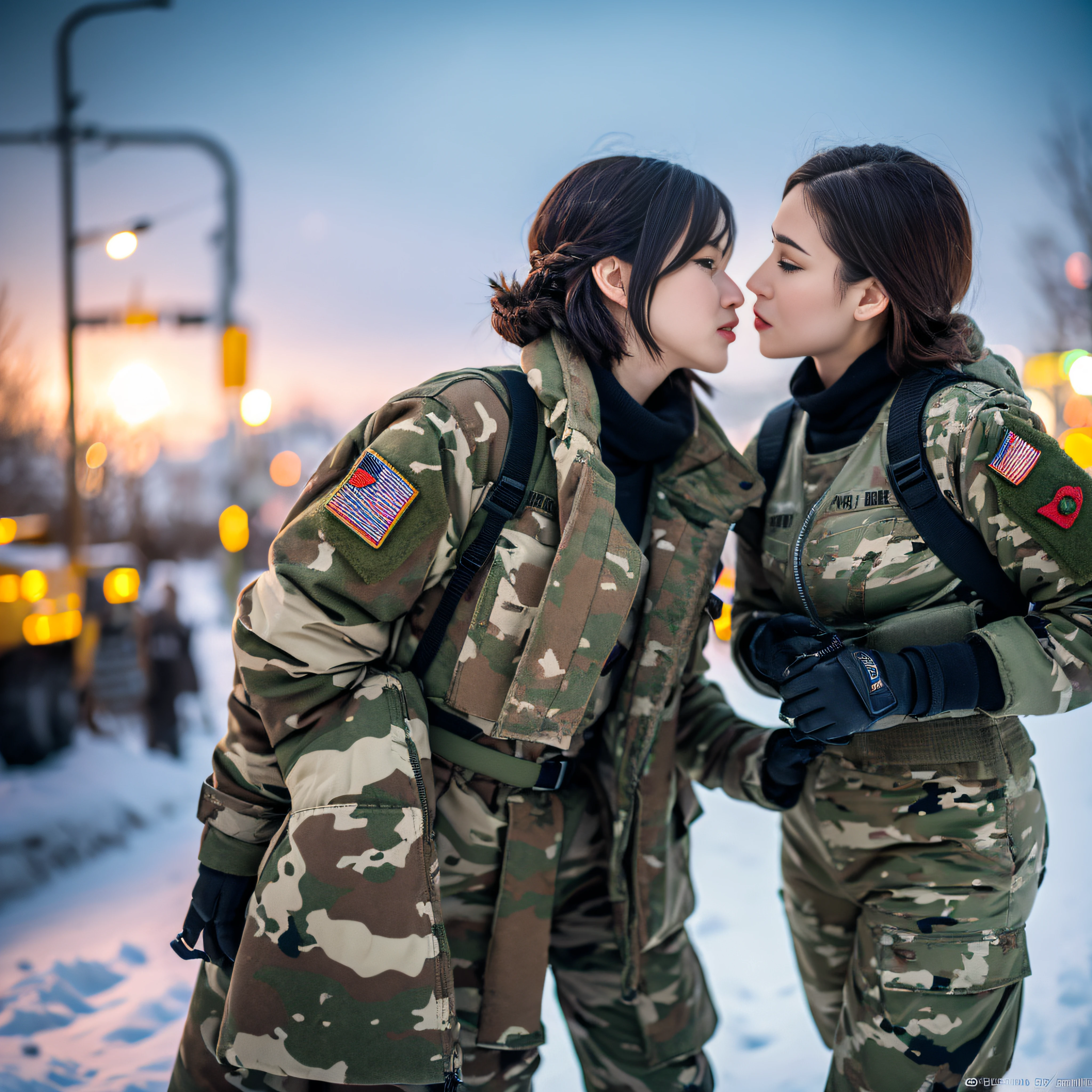 (Photorealistic), Beautiful lighting, Best Quality, Realistic, Full body portrait, real picture, Intricate details, depth of fields, 3 lesbians women kissing , In a cold blizzard, Very muscular soldier girl with a haircut, Fatigue of the army wearing winter camouflage, Camouflage Plate Carrier Rig, Combat gloves, (Magazine Pouch), (Kneepads), ighly detailed, Perfect face, Blue eyes, Lips, wide hips, Small waist, tall, make up, Tactic, FUJI XT3, Outdoors, bright day, Beautiful lighting, Raw photo, 8K UHD, Film grain, ((Bokeh))