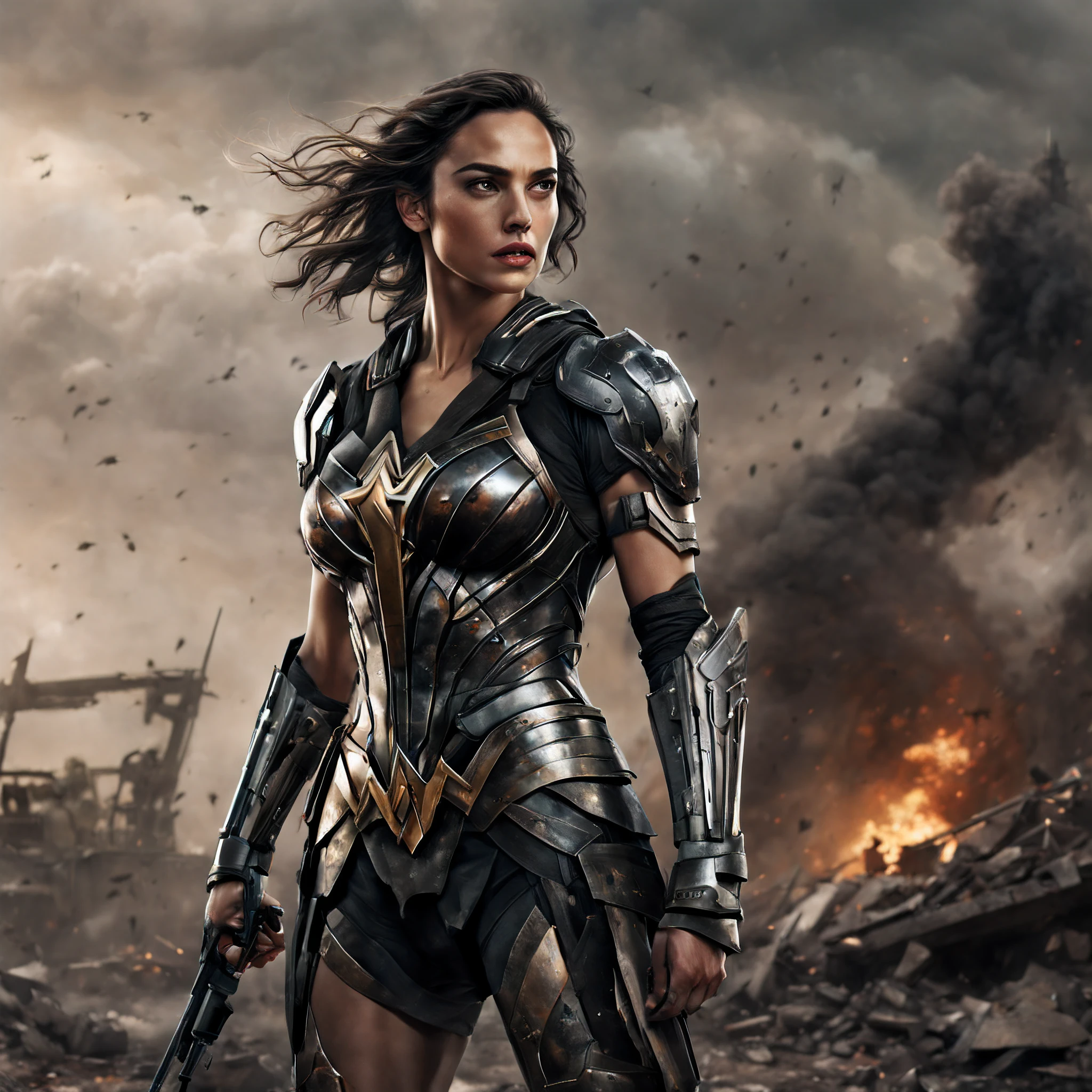 (best quality,4k,highres,ultra-detailed,realistic:1.2), heroic, action-packed, intense, cinematic, portrait, war painting, gal gadot:1.1, strong facial features, determined expression, piercing eyes, soft facial features, Gal Gadot's iconic red lips, flowing dark hair, mecha musume armor:1.1, detailed mechanical parts, sleek design, battle-worn, battle-scarred armor, war battlefield palestine:1.1, devastated landscape, desolated, rubble and debris, destroyed buildings, thick clouds of black smoke:1.1, billowing up into the sky, symbolizing destruction, dusty atmosphere, smoky and hazy, palestine flag in the background:1.1, fluttering proudly, symbol of resilience and strength.