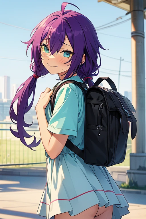 long hair, mole under mouth, purple hair, twintails, hair between eyes, aqua eyes, sharp teeth, ahoge, 1girl, blush, smile, cowboy shot, loli, little girl, petite, backpack, outside