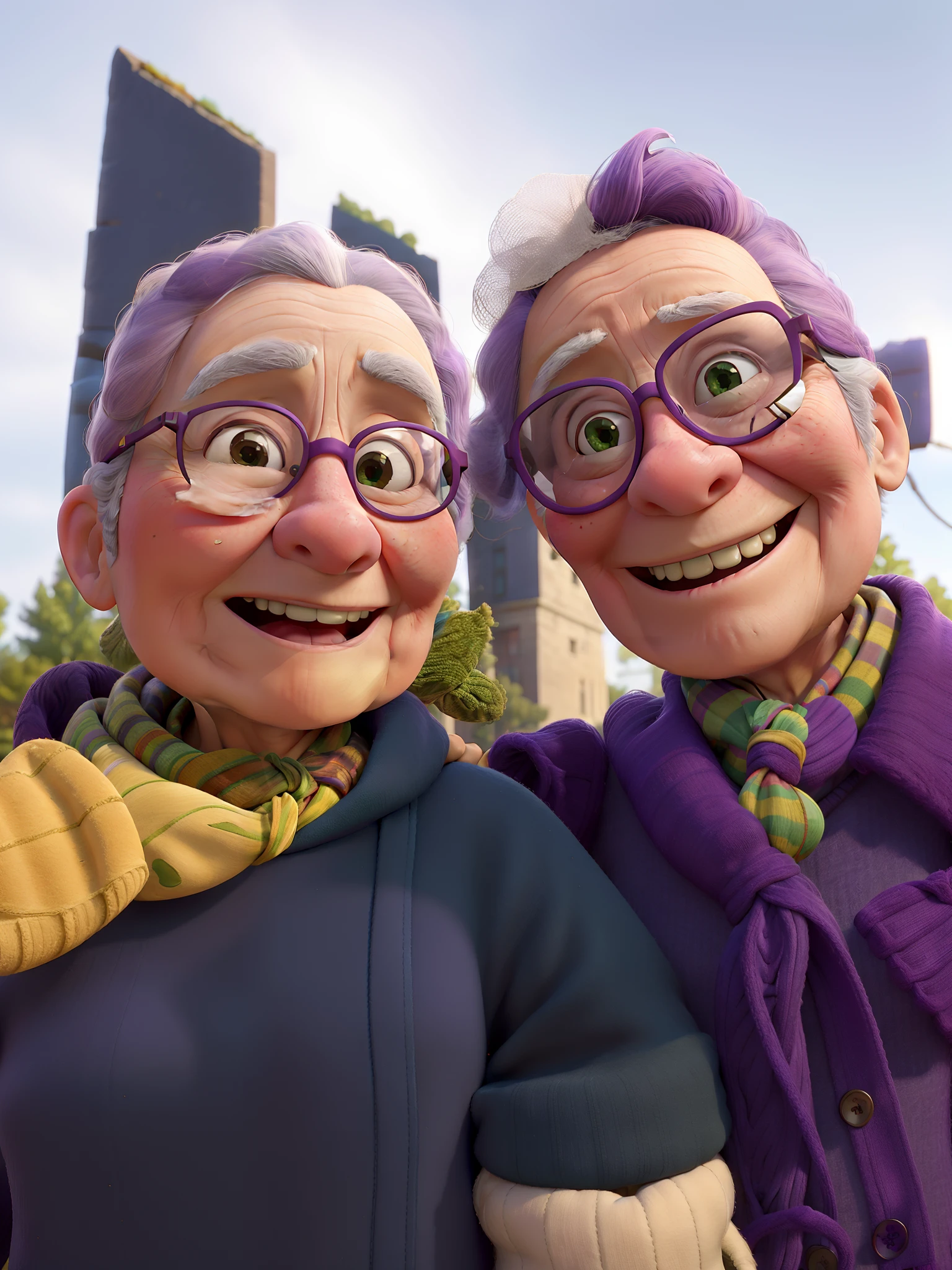 masterpiece, best quality, an old woman with glasses and a scarf on, wearing a purple coat and green scarf, standing at the park