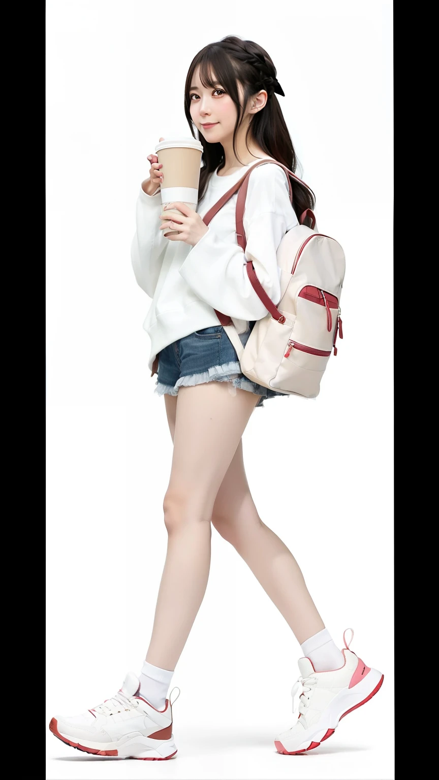 anime girl walking with a backpack and a cup of coffee, anime moe artstyle, anime full body illustration, girls frontline style, from girls frontline, full body portrait of a short!, !!full body portrait!!, artwork in the style of guweiz, fullbody commission for, kantai collection style, full body illustration, made with anime painter studio, style anime