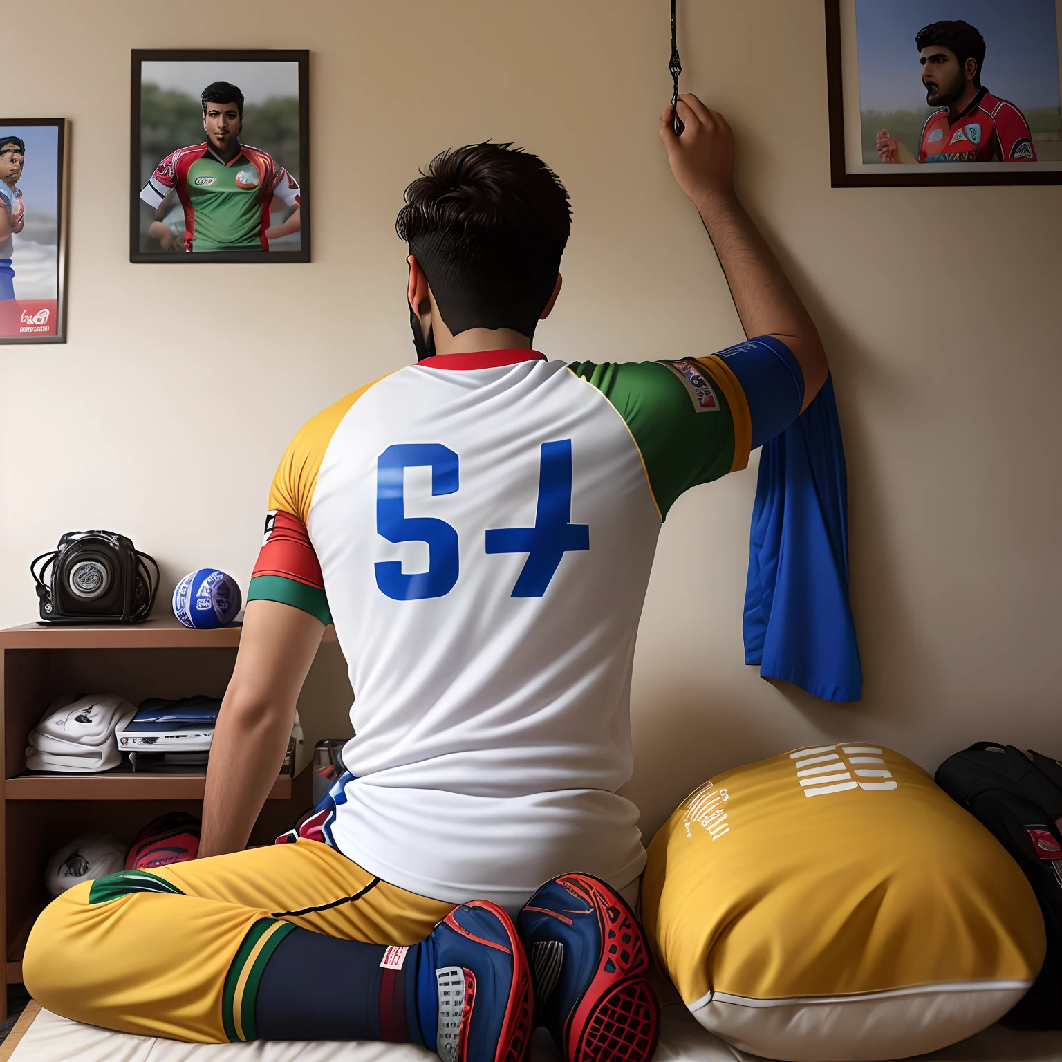 Afghanistani fan wearing Afghanistani Cricket Team T shirt with name "Shabir

photography" jersey number "7". watcing match on TV. A Afghanistani T shirt and Afghanistani Flag is hanging on wall. He is 18 years old. And he is sitting in a cream colour soffa. And this picture taken from his back side.