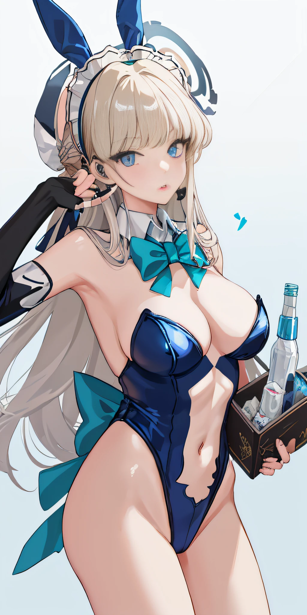 [(White background:1.5)::5], (Bottle Bottom:0.9), 1 girl, mid-shot, Full body,foot out of frame, masutepiece, Hyper Detail, Intricate details, Beautiful detailed, colourfull, (Shiny skin:1.3), (disheveled hair:1.2), Detailed background, Intricate background, hight resolution, Best Quality, cum on the body, 1girl in, Solo, Long hair, breasts, Looking at Viewer, Large breasts, Upper body, , Outdoors, Huge breasts, Covered, Lips,makeup, (pasties:1.2), evening,(((Detail fingers))),tokibunny, playboy bunny, long hair, fake animal ears, blue leotard, blue bow
tokileotard, maid headdress, leotard, elbow gloves, fingerless gloves
tokirnd