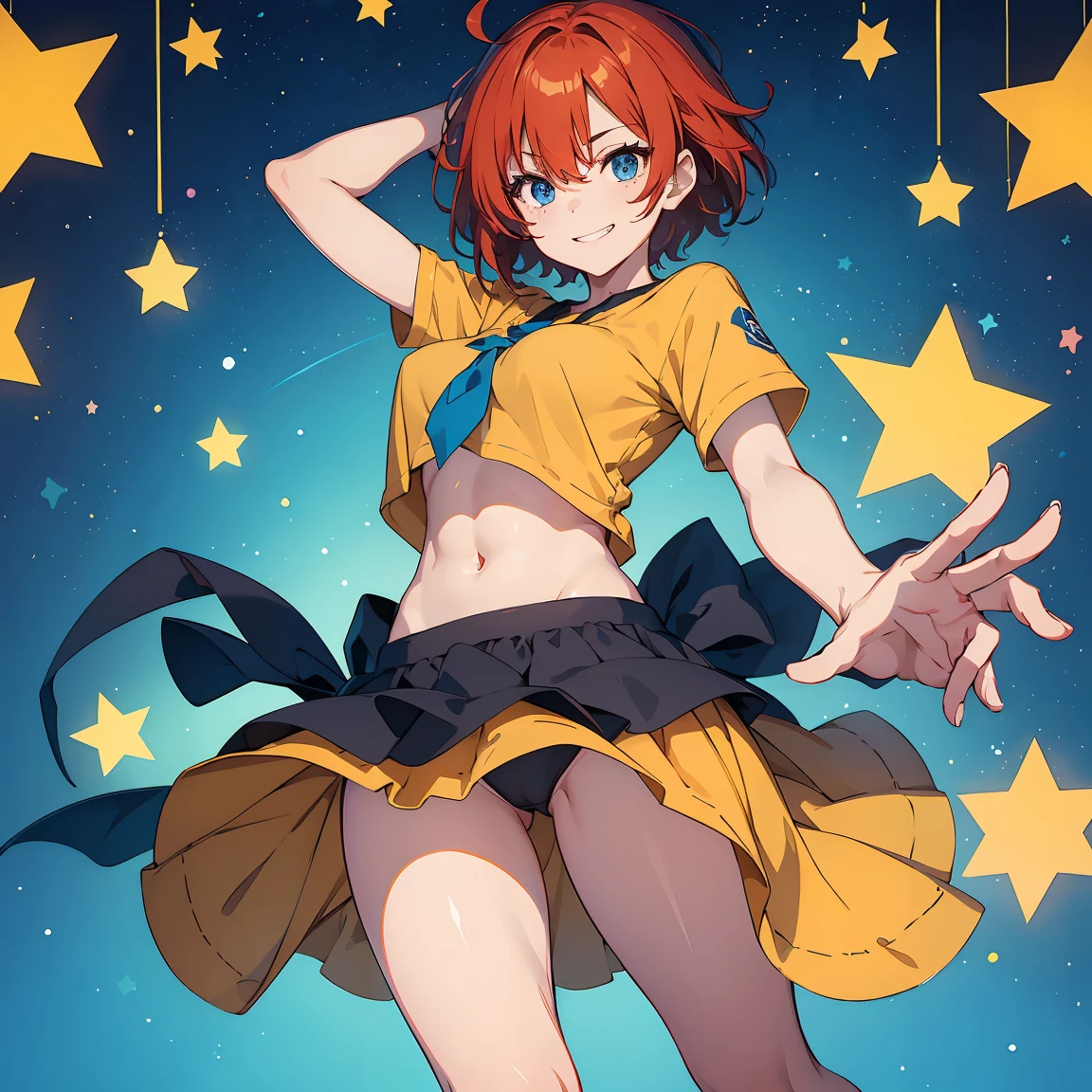 (masterpiece), 1girl, best quality, expressive eyes, perfect face, short hair, messy hair, ahoge, red hair BREAK hair over one eye, blue eye BREAK  Navel, tomboy, orange shirt BREAK large_boobs, yellow skirt BREAK sneakers, smile, grin, abstract background, blue background, stars symbol, sparkles, standing