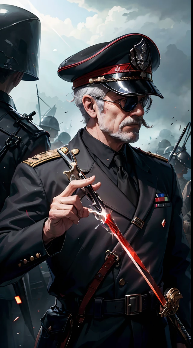 Grandpa with a sword, World War II black suit, General WWII hats, black eye mask, Soldier in the background,Red blood element,HD light and dark, Balanced rendering, HD lighting and darkness )<=(Epic image quality)Dark atmosphere with bright particle light(Many effects in the background)