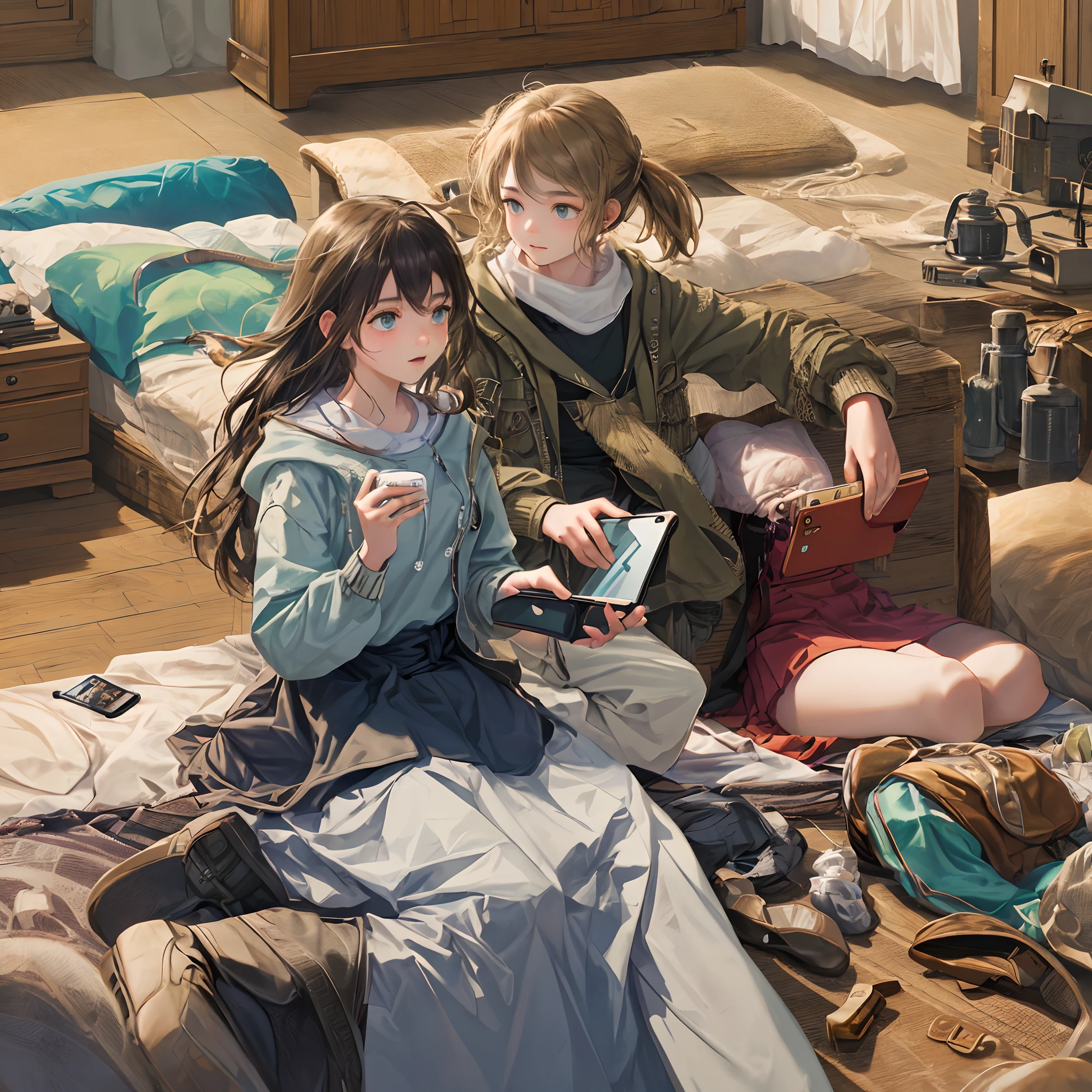 Images of age people in their rooms, sitting on the bed, engrossed in their phones, focused on the screen.