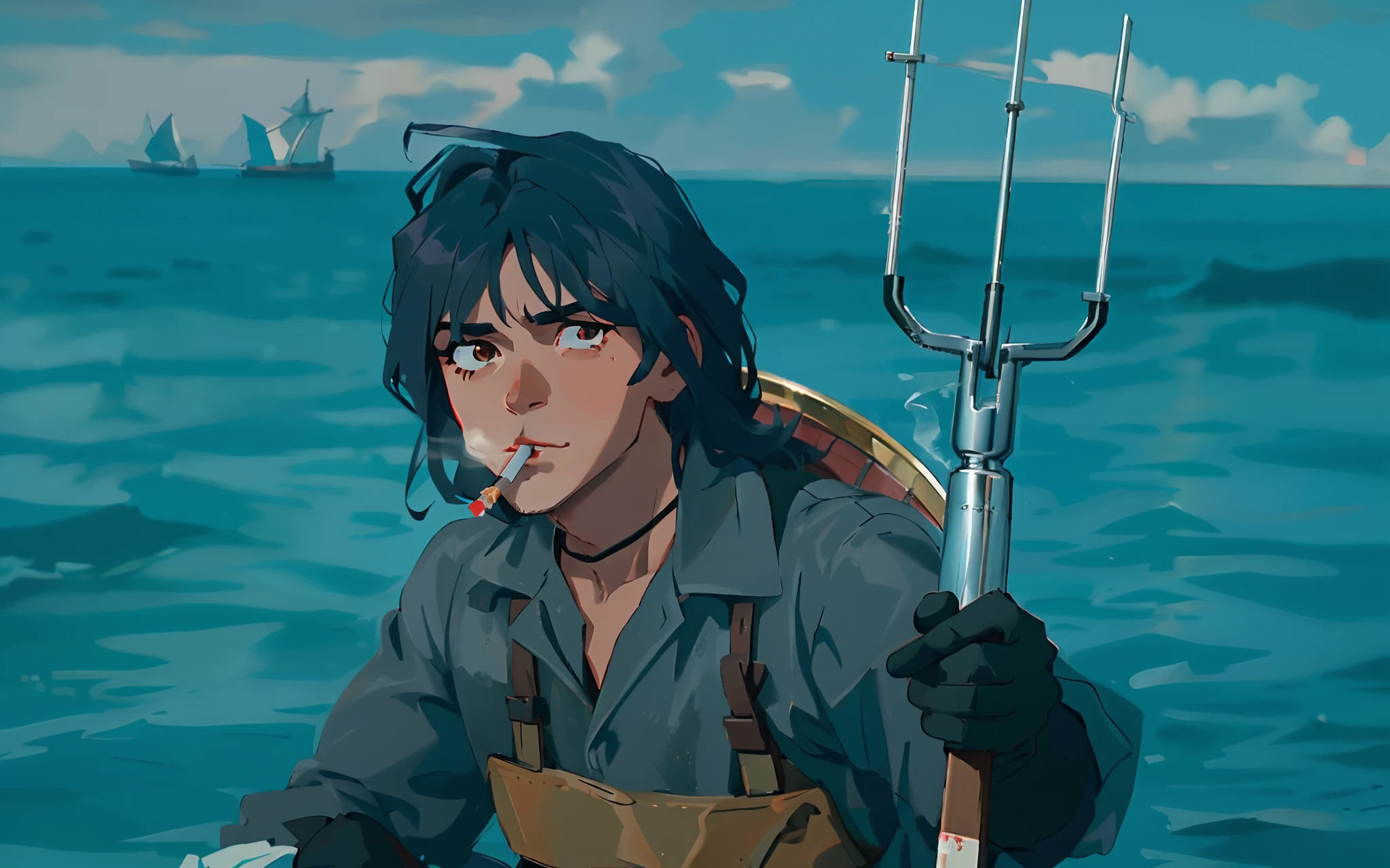 Man holding a harpoon in front of a body of water, Smoking in the mouth，smokeing，Melancholy Look，hair straight，Black gloves，looks into camera，Visual lens，